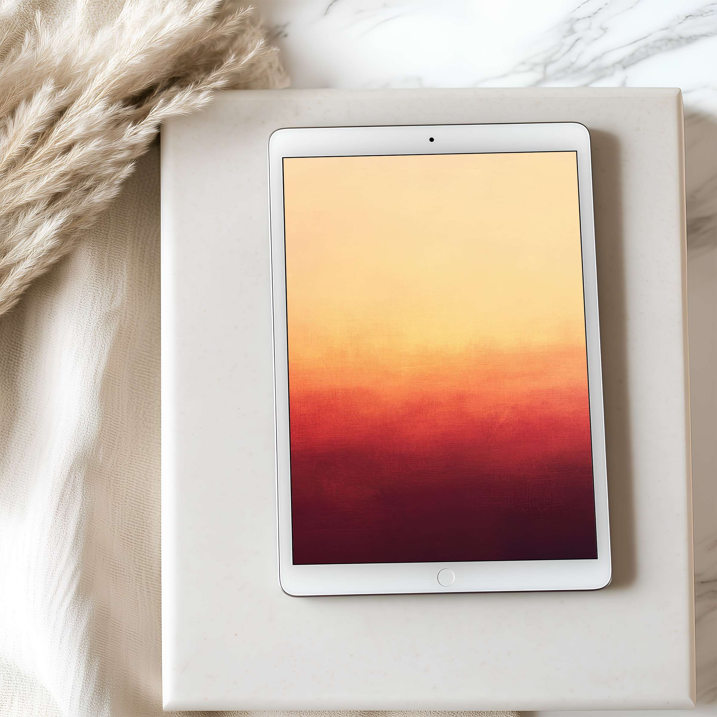 Elegant tablet wallpaper featuring a warm gradient sunset motif set in a serene interior suitable for high-resolution iPad and Android screens