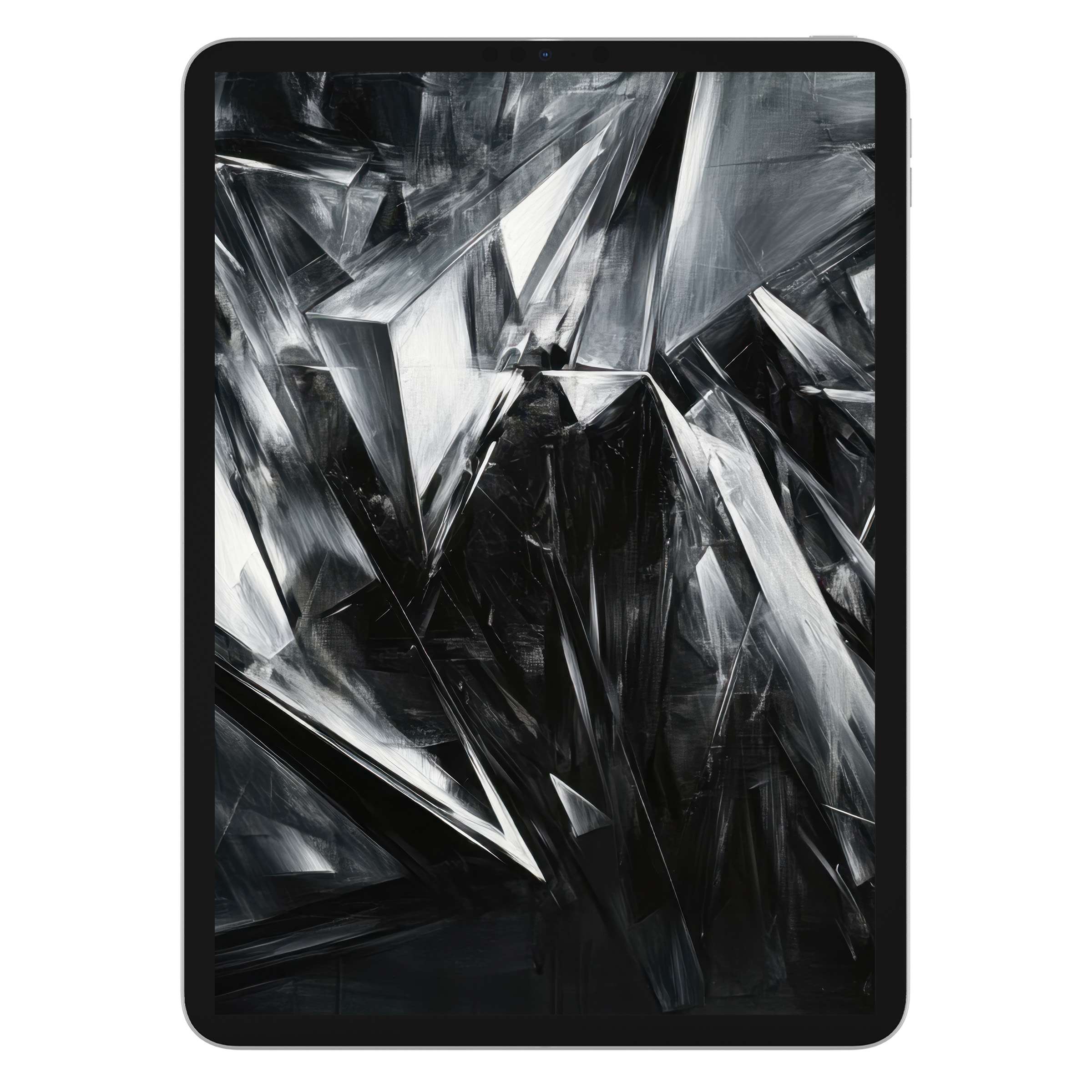 Elegant abstract iPad wallpaper features sharp crystalline textures in monochrome hues, perfect digital download for tablet background