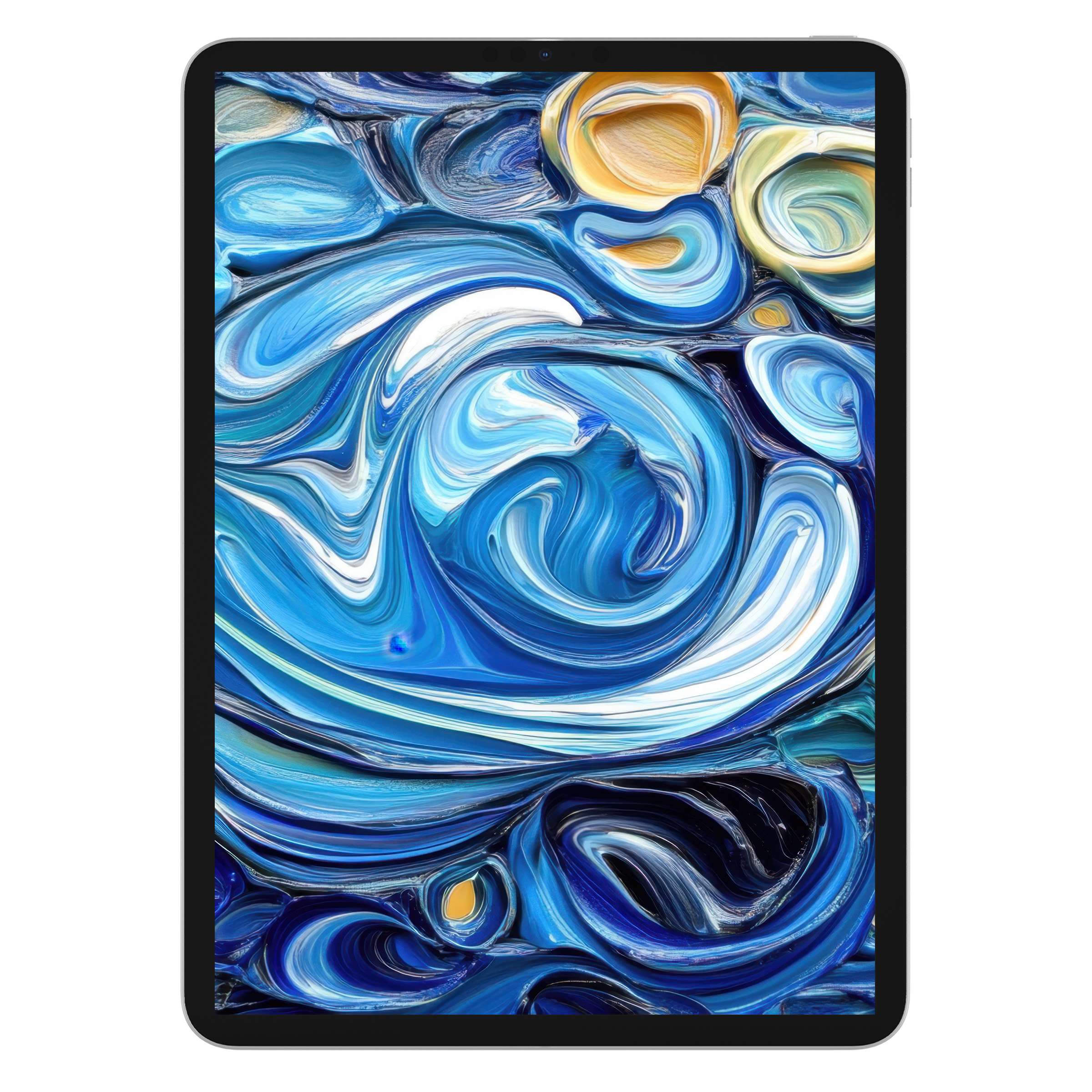 Vivid abstract iPad wallpaper in swirling blue and yellow tones offers a tranquil, artistic digital download for tablets and backgrounds