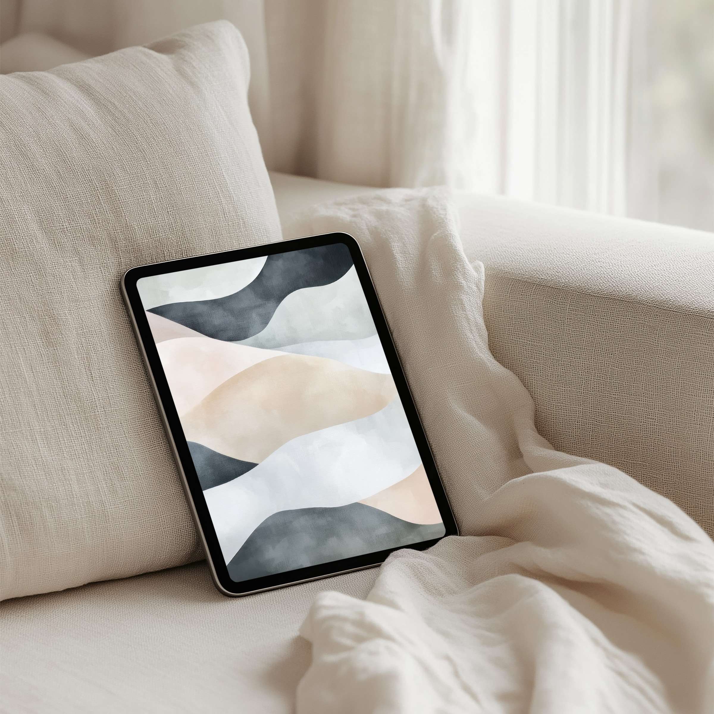 Elegant iPad background with soothing abstract waves in soft hues for instant download, perfect for any tablet user seeking calm inspiration