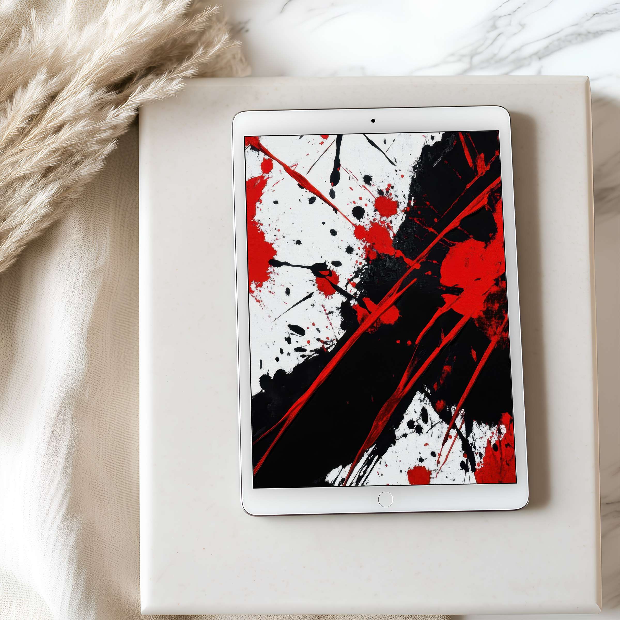 Dynamic abstract red and black splatter design tablet wallpaper for iPad in high resolution offers tranquility and digital elegance