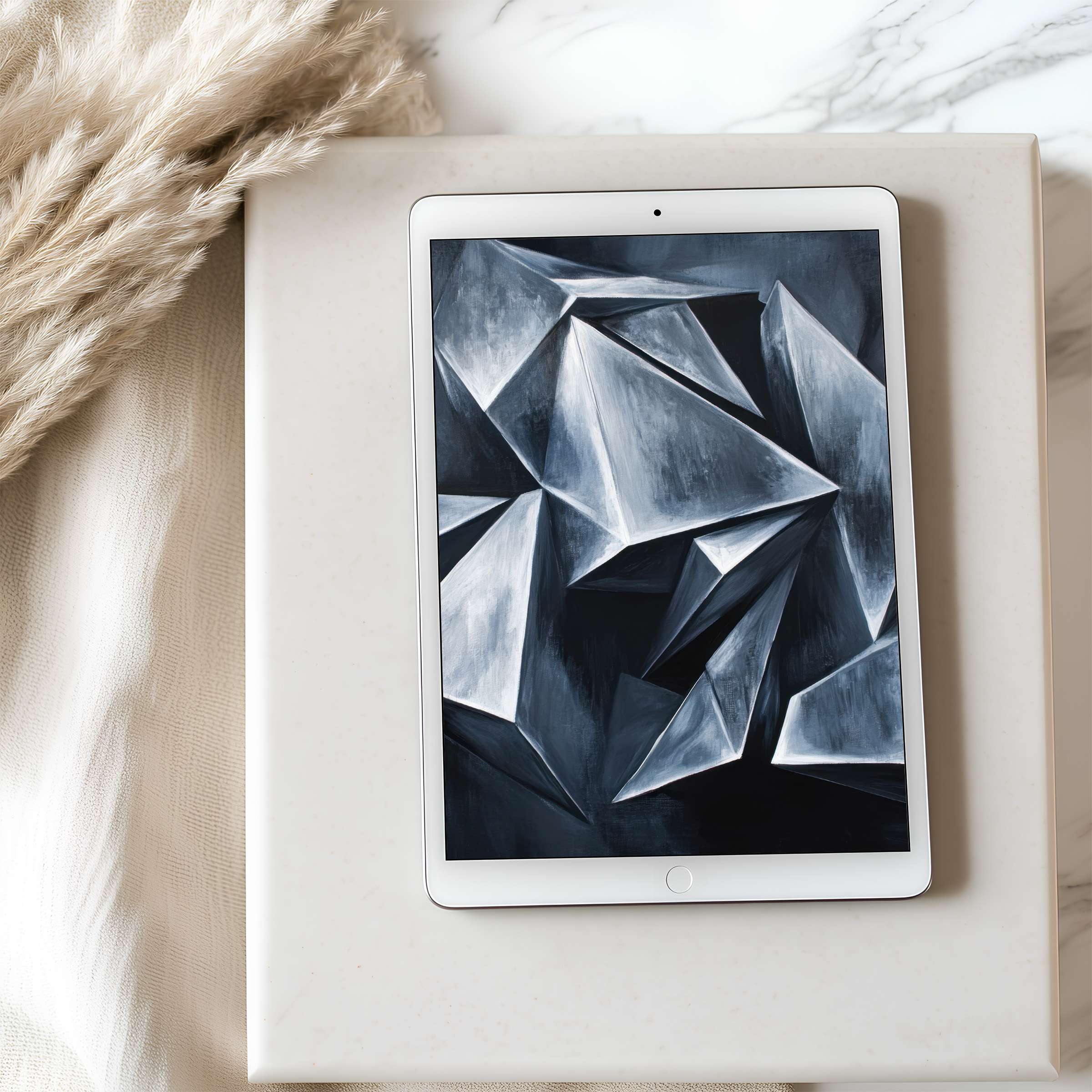 Elegant abstract geometric design tablet wallpaper in calming grayscale tones, perfect for high resolution iPad download, enhancing serene interiors