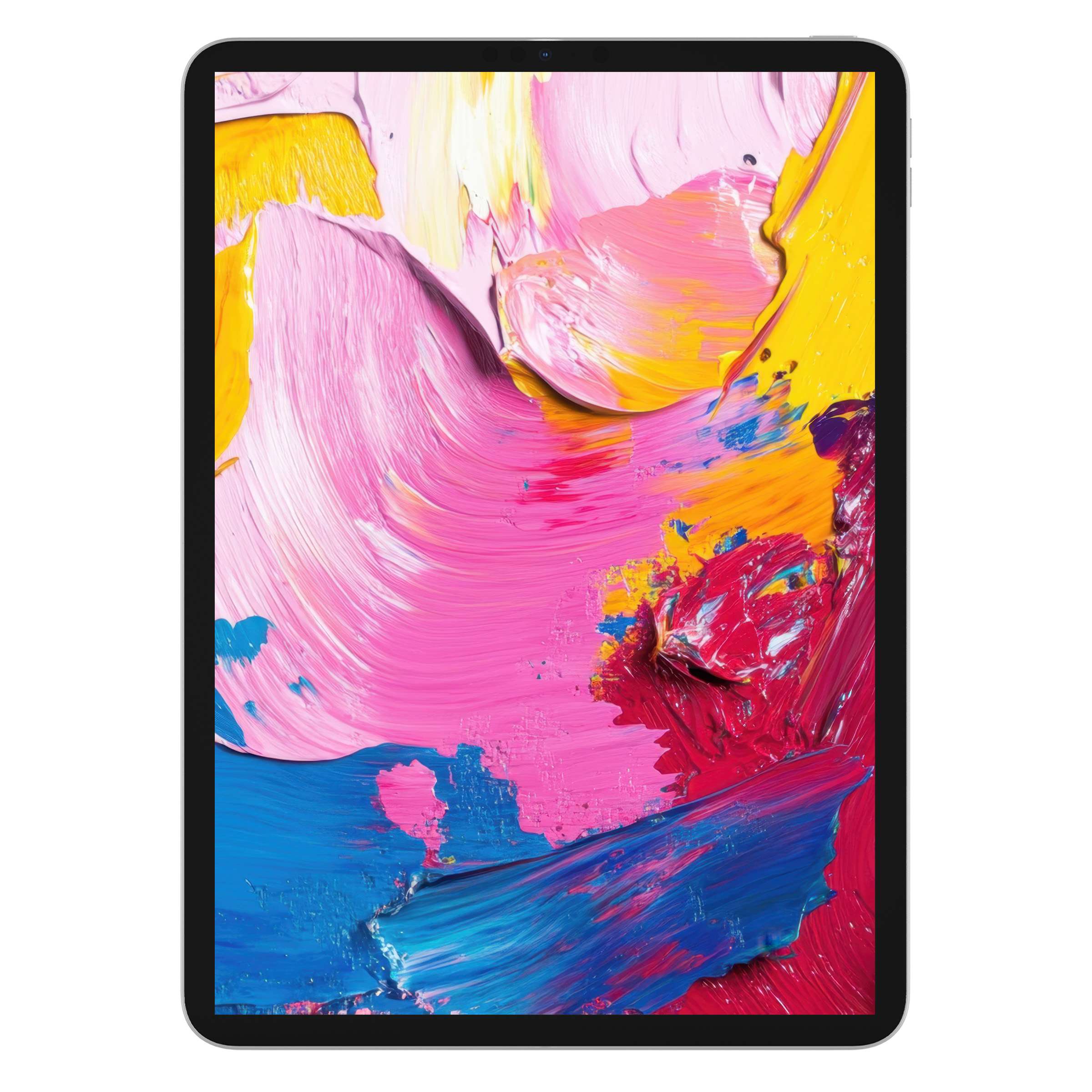 Vibrant abstract iPad wallpaper featuring bold pink, yellow, and blue brushstrokes offers a refreshing tablet background digital download