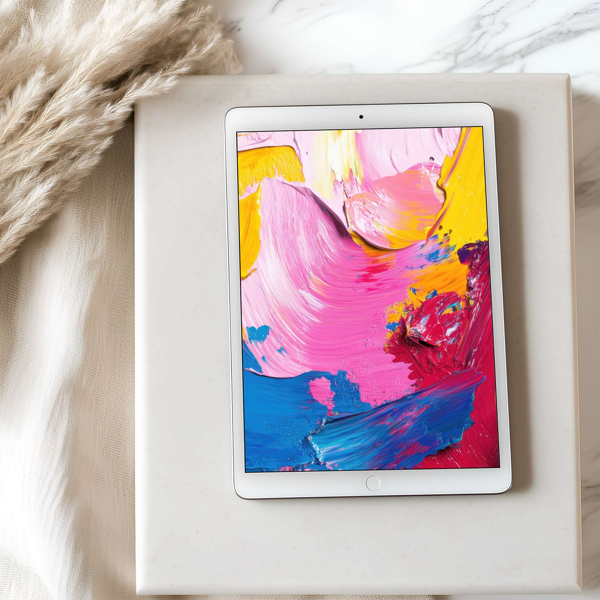 Vibrant abstract art in pink, yellow, and blue sets a calming tone, perfect as a high resolution tablet wallpaper for digital download
