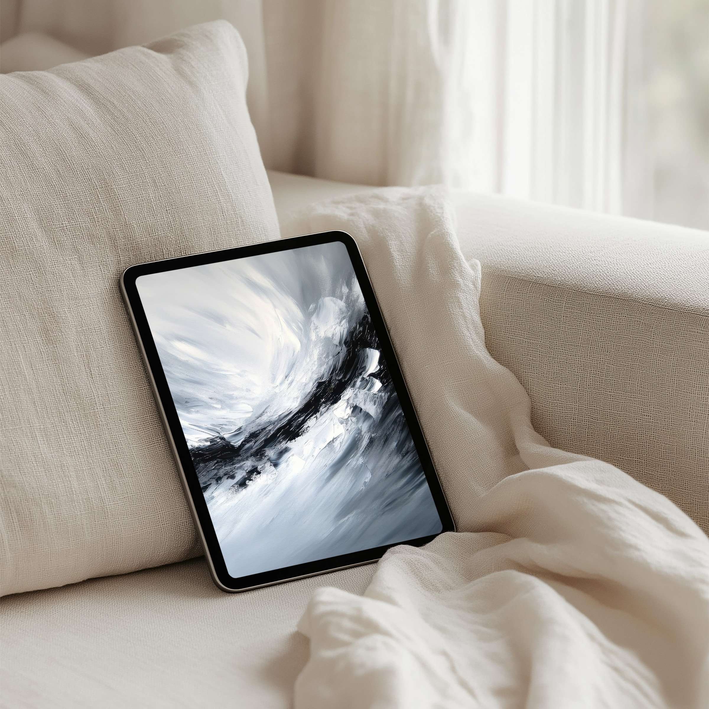 Elegant abstract iPad background in soft grays, offering instant download for tablet users seeking calm and aesthetic inspiration