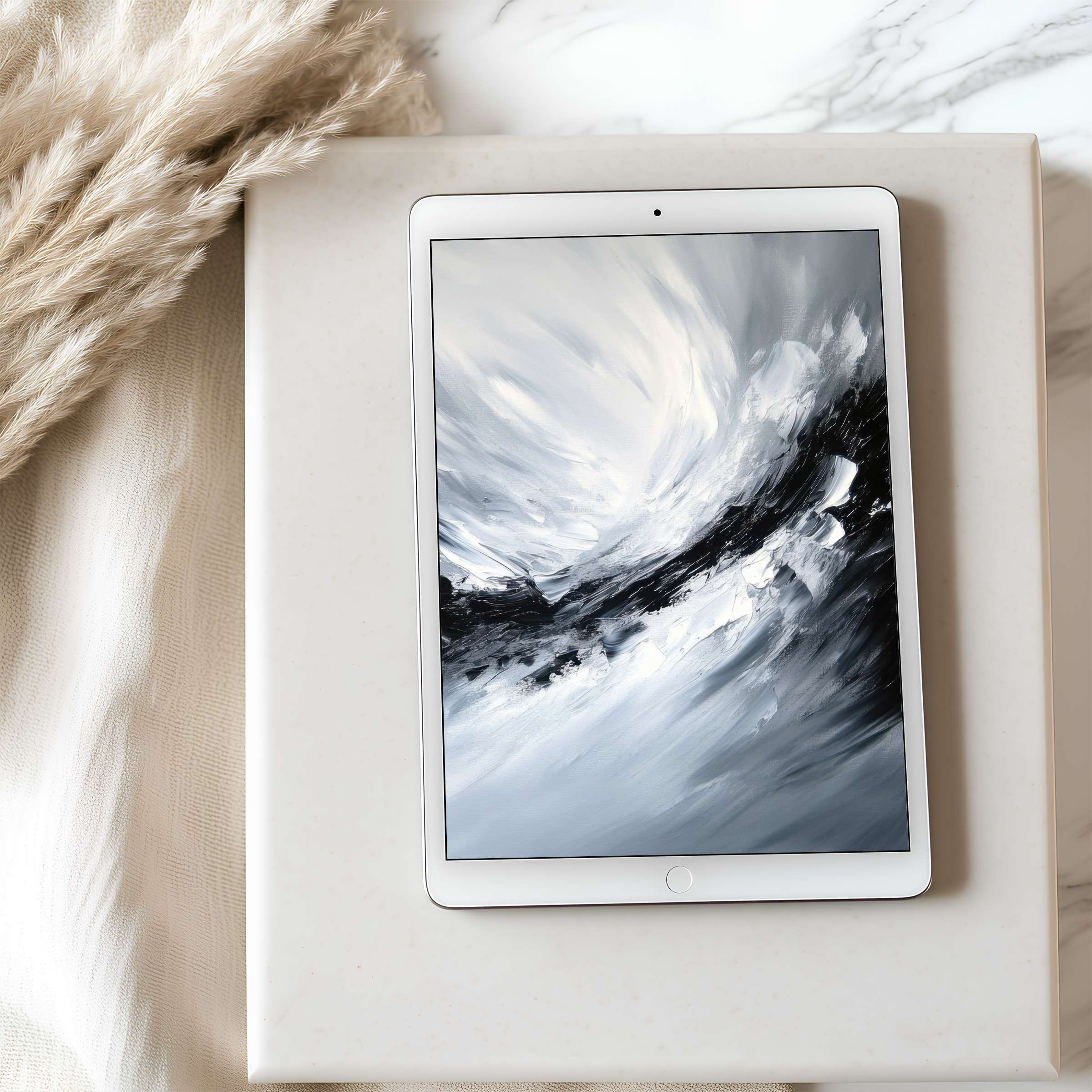 Elegant monochrome art tablet wallpaper in abstract swirls, perfect for iPads, offering calm and style for your digital space
