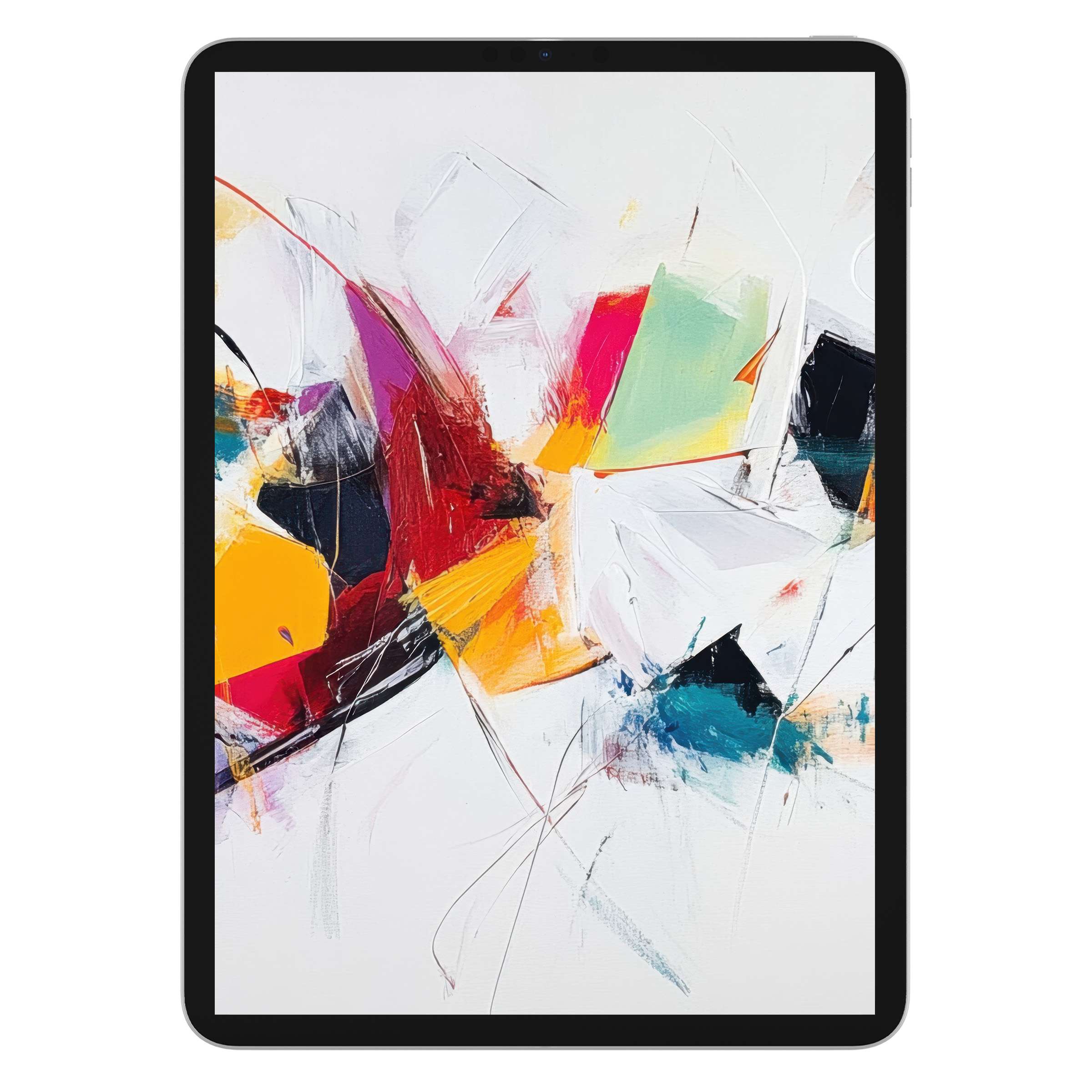 Vibrant abstract iPad wallpaper with splashes of red and teal on a white canvas, perfect digital download for a tablet background
