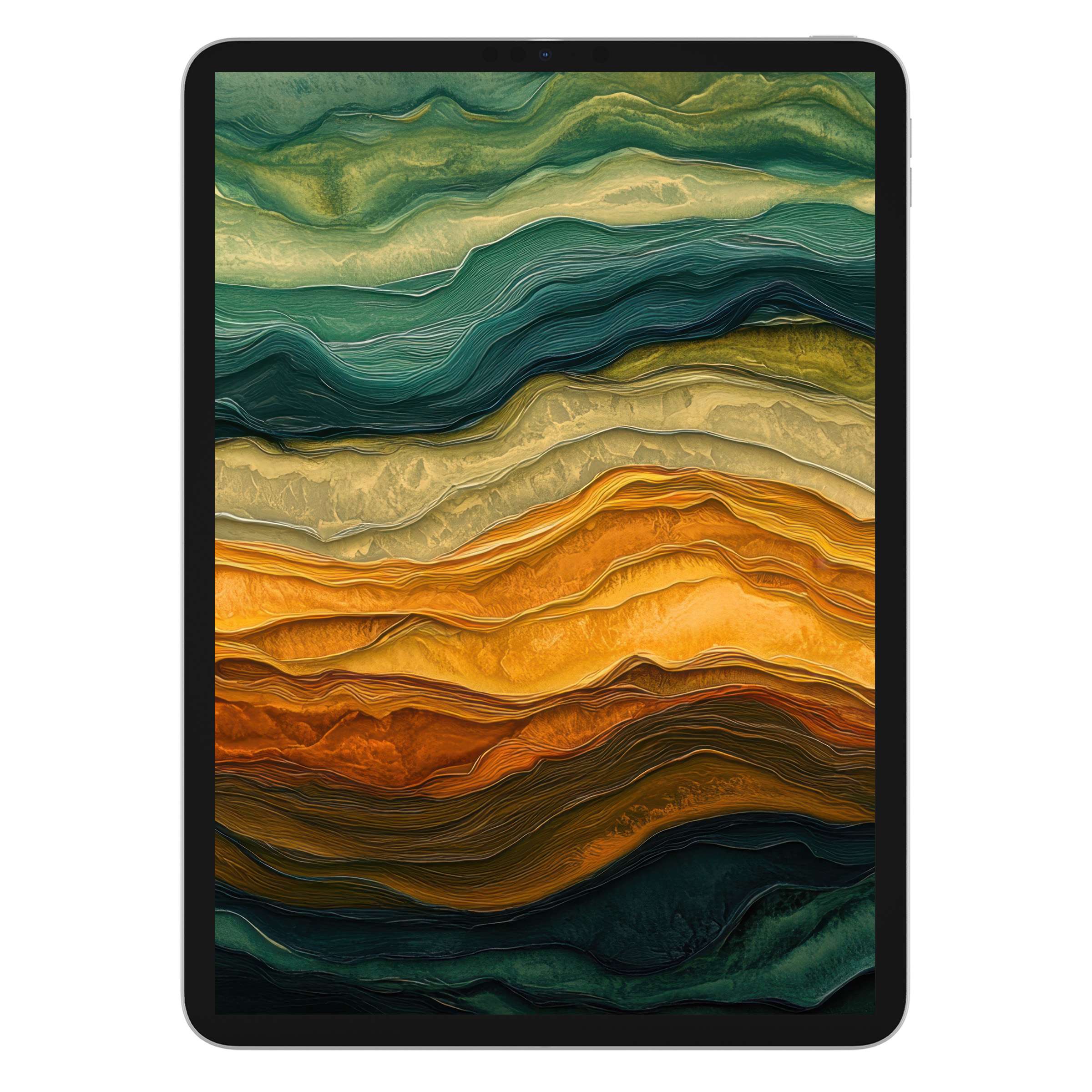 Elegant abstract iPad wallpaper with rich textured layers in green, yellow, and orange for a calming digital download tablet background