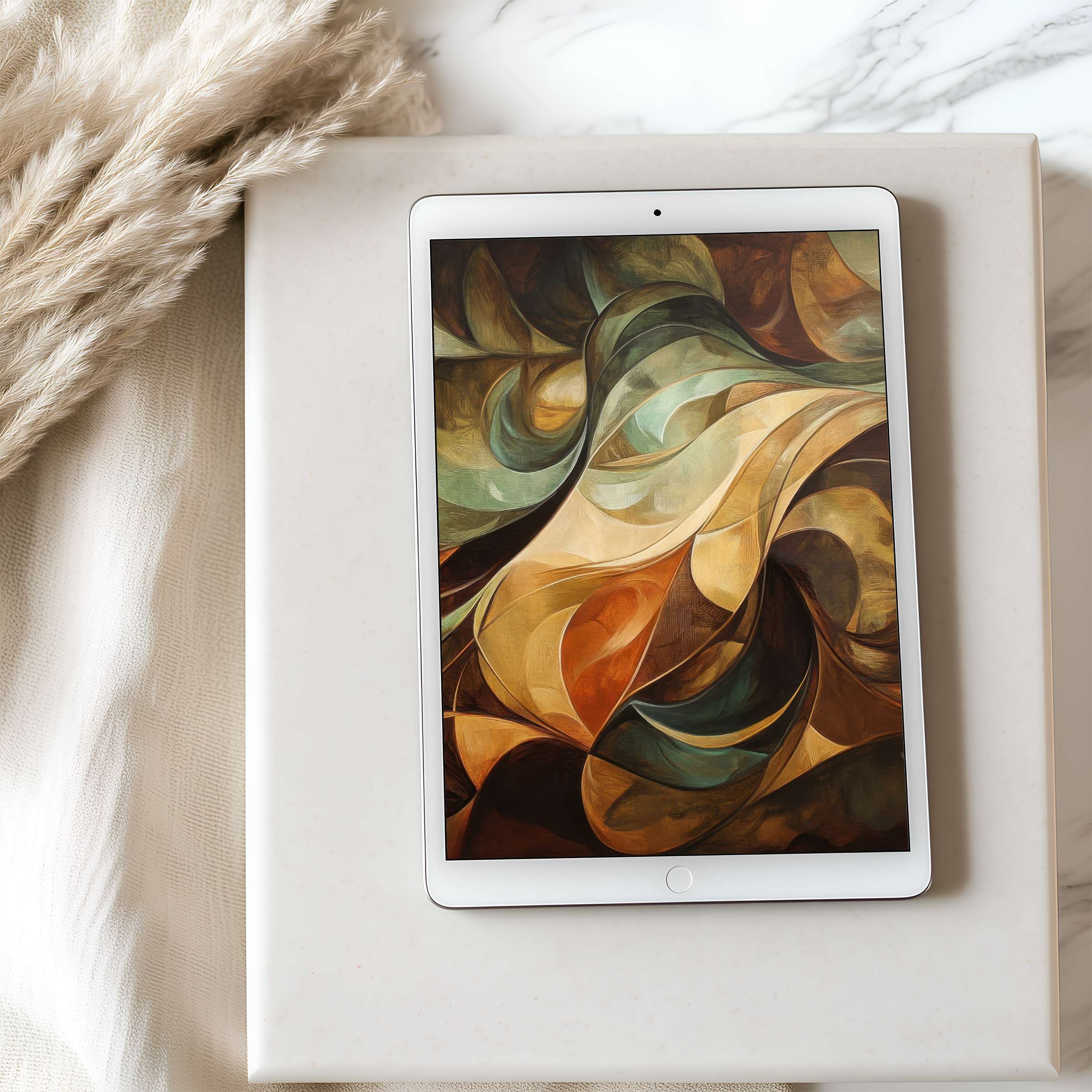 Elegant abstract art in warm earthy tones creates a calming tablet wallpaper, perfect for iPad or Android tablet download
