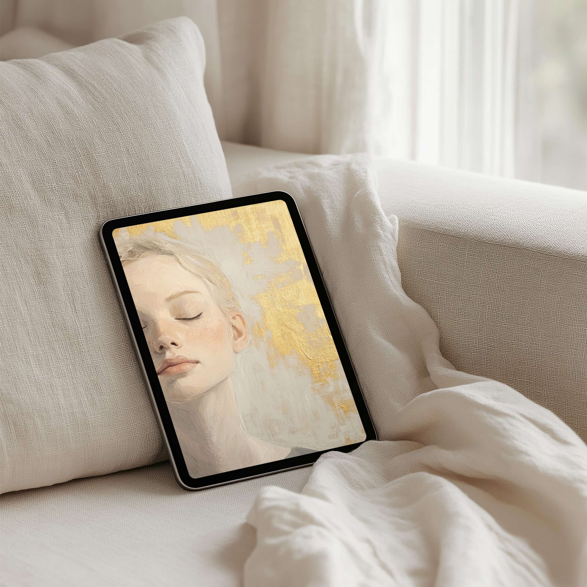Serene iPad background art with a soft portrait and golden accents for instant download to inspire calm on your tablet