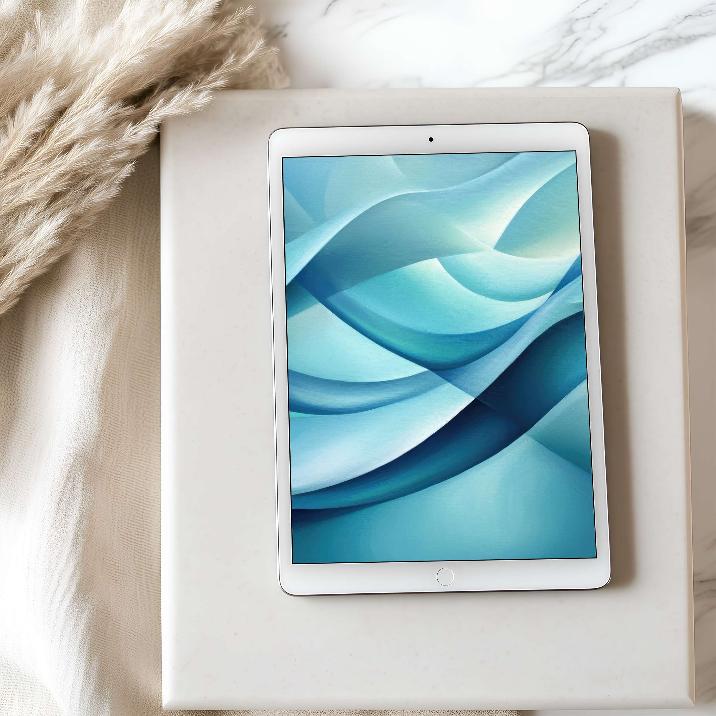 Serene waves of blue and teal in this high-resolution tablet wallpaper offer a calming, curated digital download for iPad users