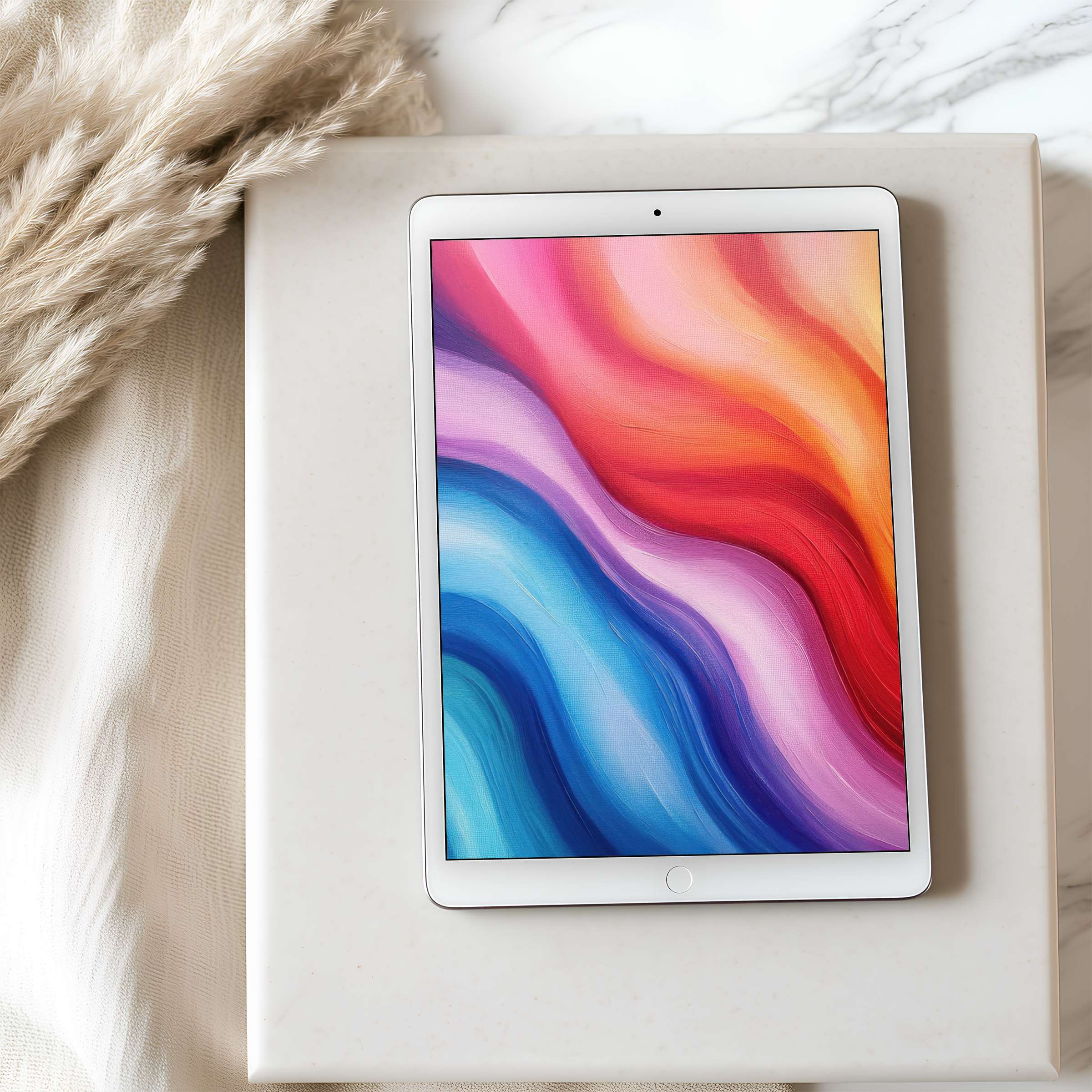 Elegant tablet wallpaper featuring vibrant abstract waves in curated colors, perfect for iPad and Android tablets, high resolution download