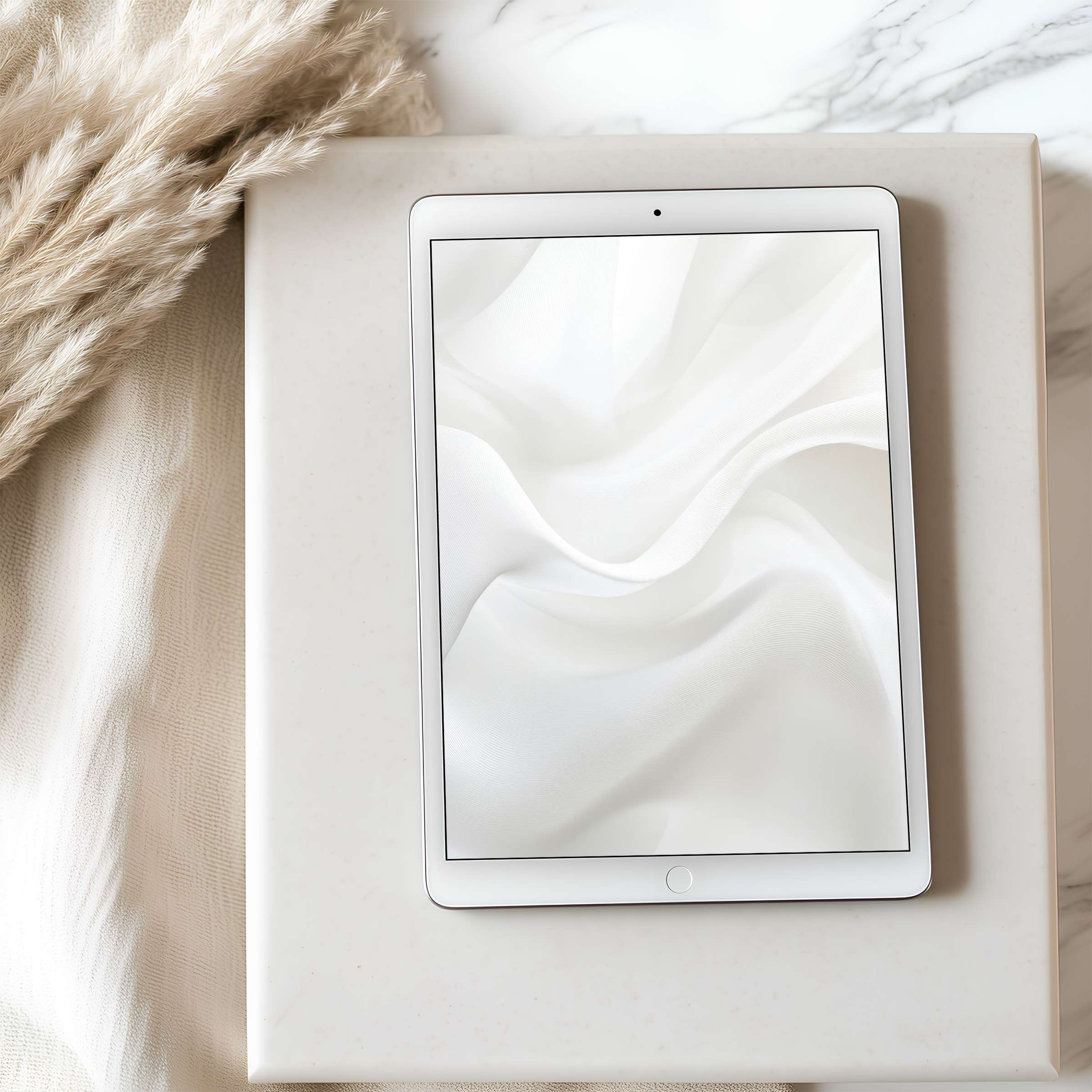 Elegant white textured tablet wallpaper featuring soft fabric folds, ideal for iPad and Android tablets, enhancing serene digital aesthetics