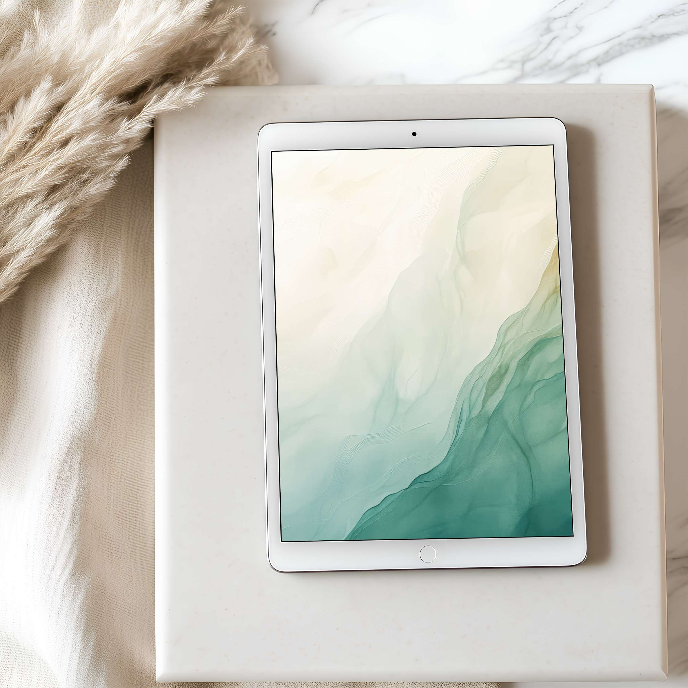 Elegant tablet wallpaper with calming green and cream abstract hues, perfect for high-resolution iPad and Android digital download
