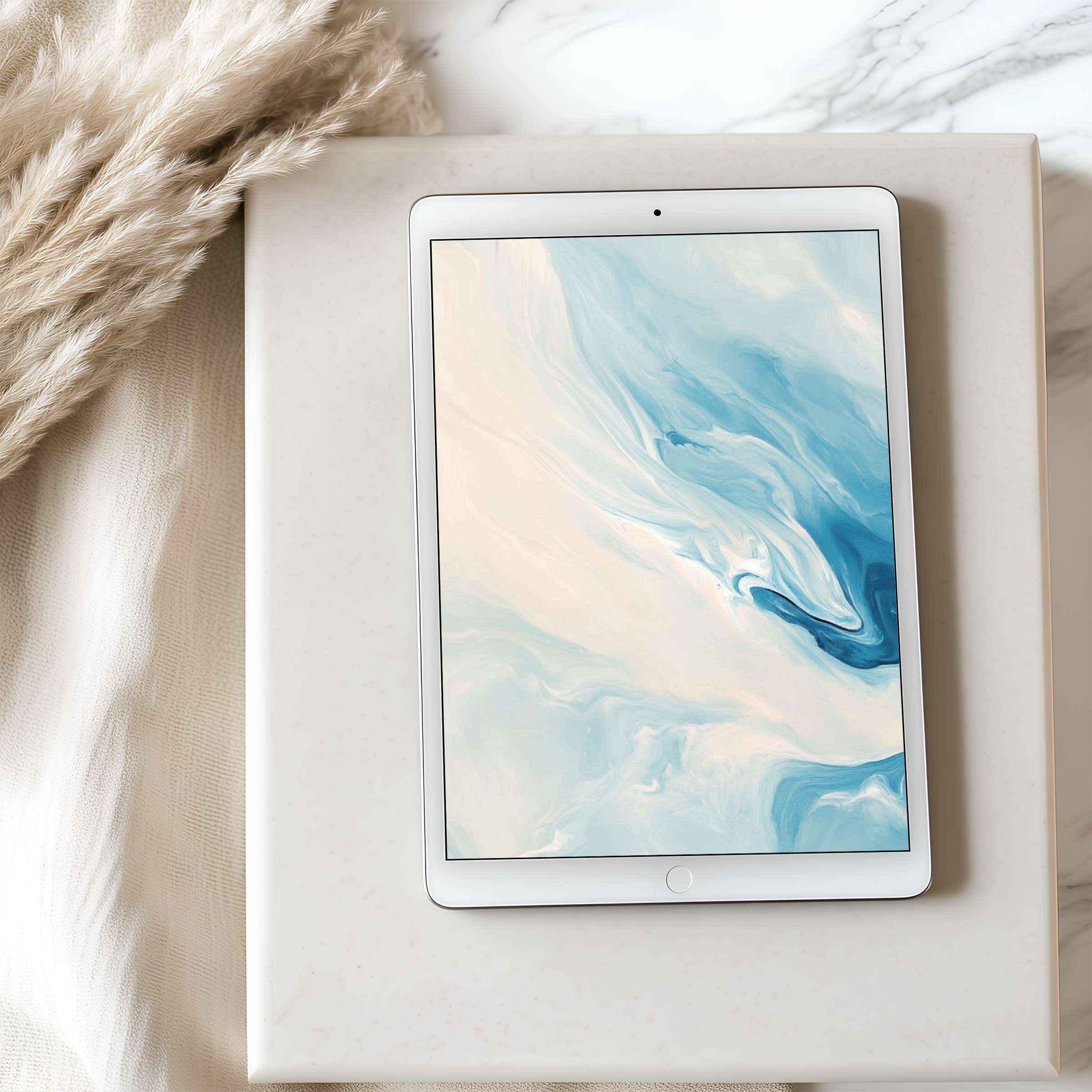 Elegant marble swirl tablet wallpaper in soothing blue and cream, ideal for curated iPad display, digital download for calm vibes
