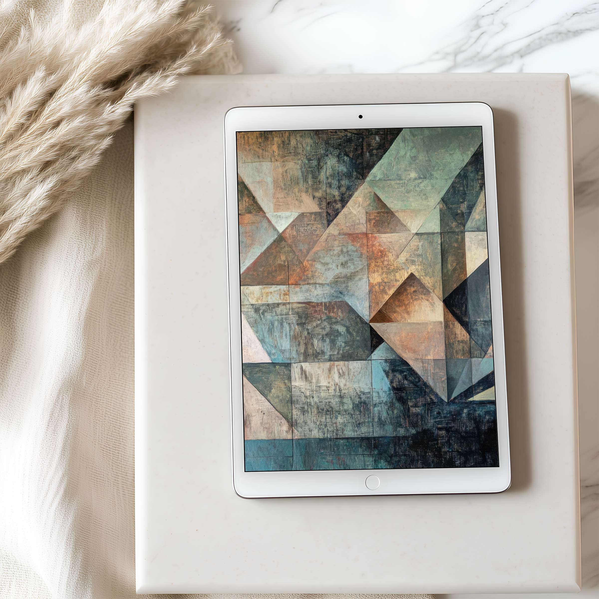 Elegant geometric tablet wallpaper in earthy tones on an iPad evokes tranquility, perfect for digital download on any device