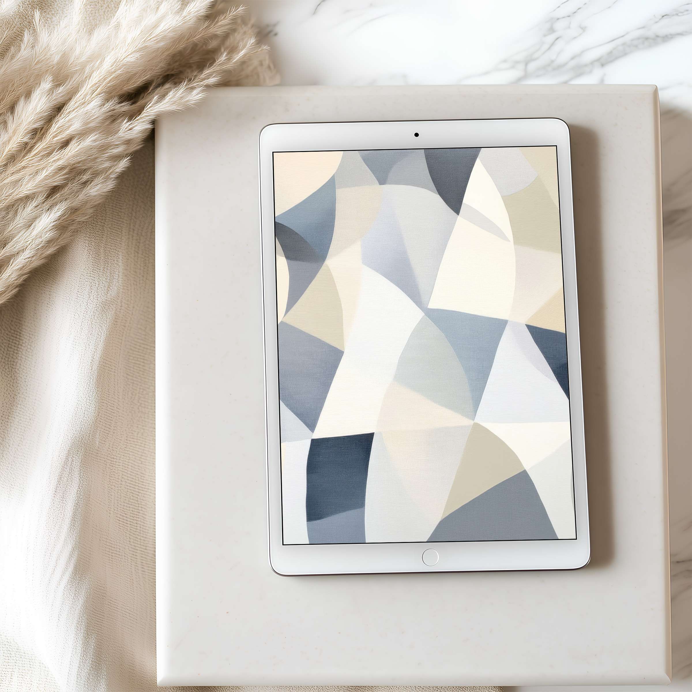 Abstract geometric art in soothing greys and creams as tablet wallpaper enhances any iPad with sustainable elegance and calm