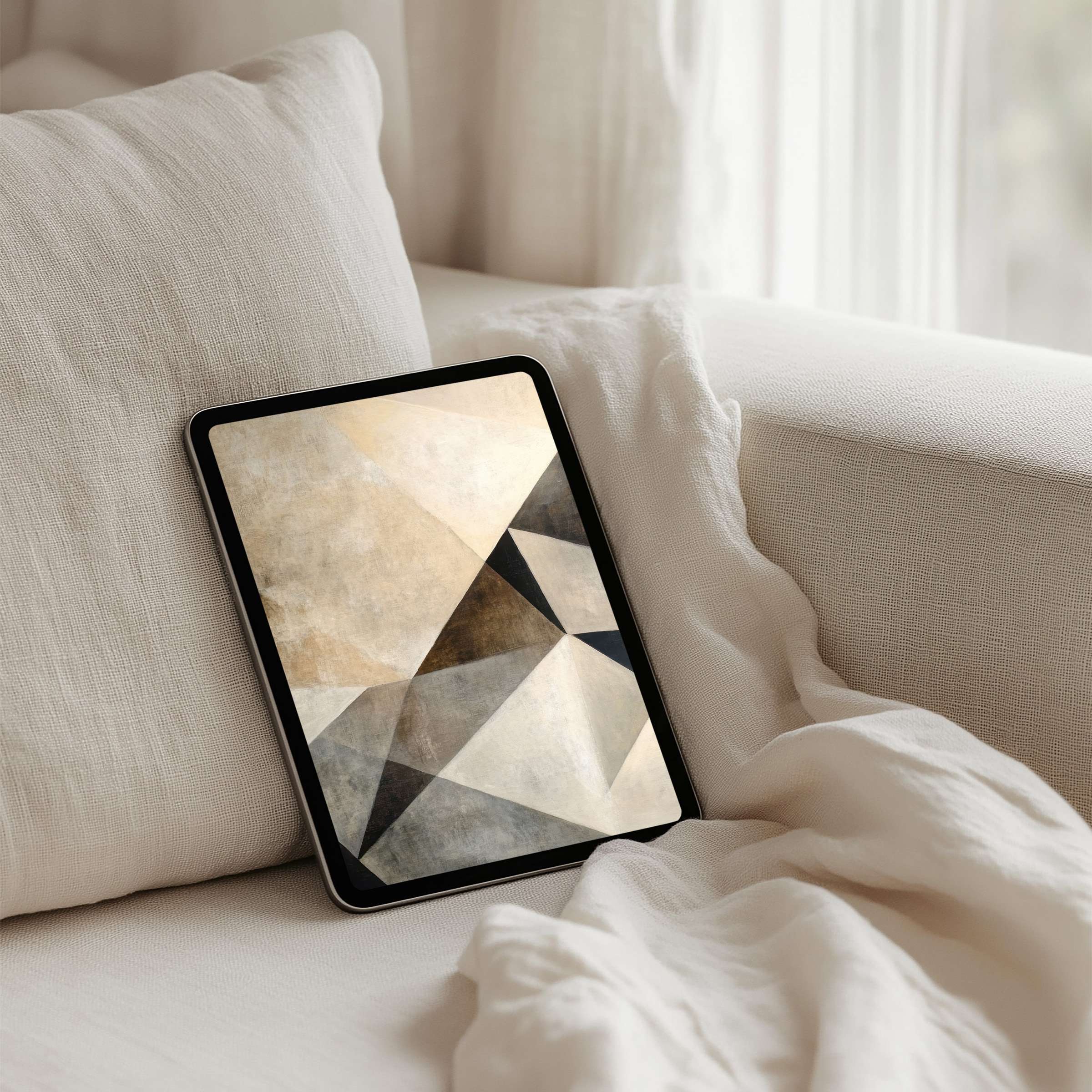 Geometric iPad background in soothing earth tones on a tablet offers instant download for elegant, mindful inspiration and calm