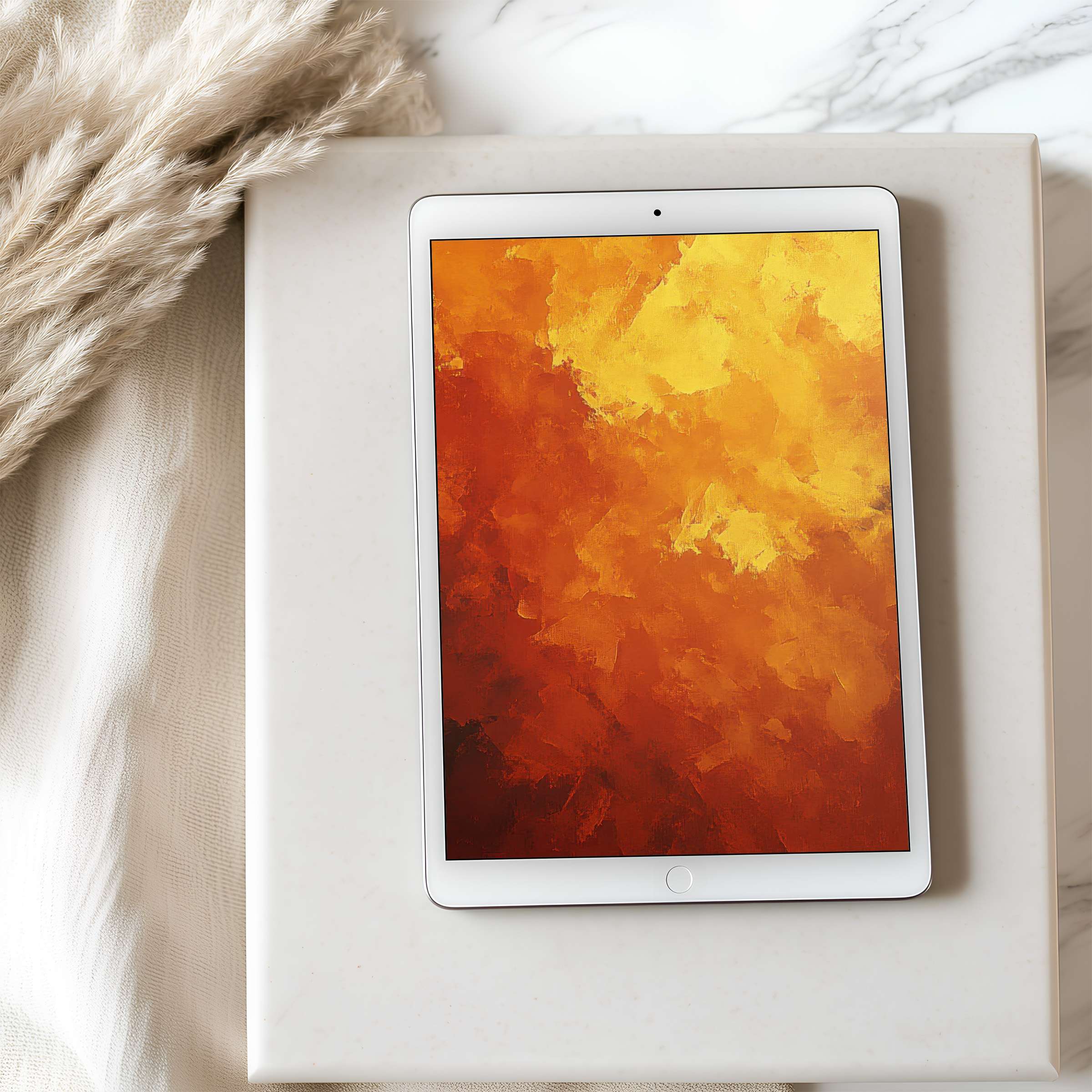 Elegant abstract tablet wallpaper featuring warm hues of orange and yellow, perfect for iPad, offering calming high-resolution artistry