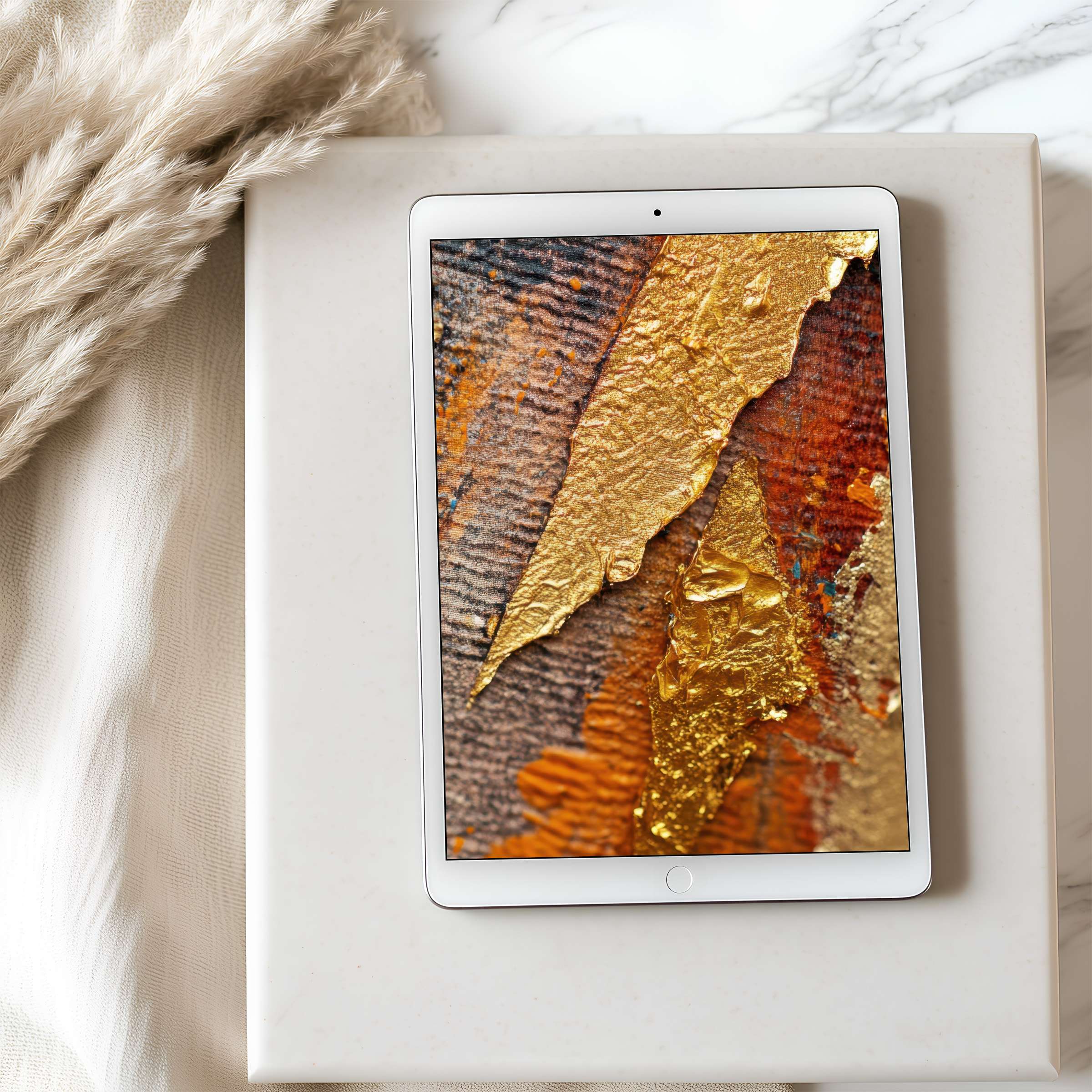Elegant tablet wallpaper showcasing textured gold and burnt hues evokes tranquility in a curated space perfect for iPad and Android tablets