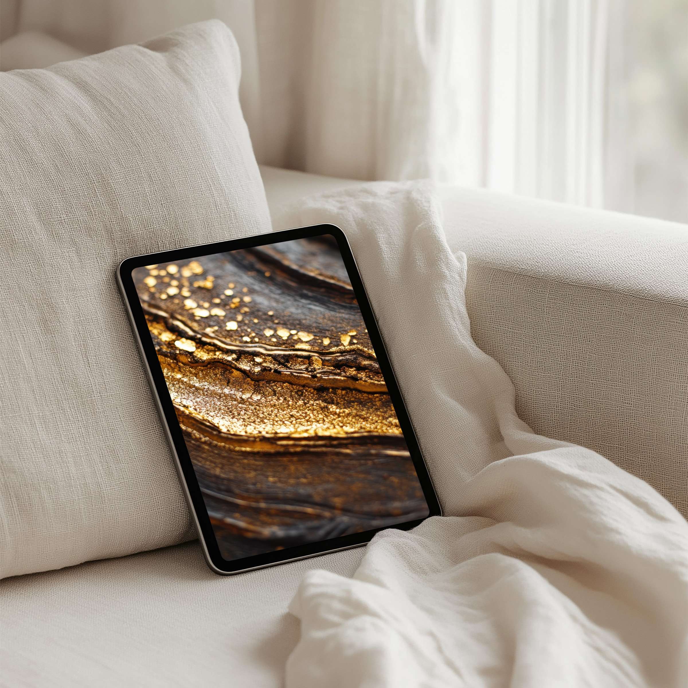 Elegant gold and brown abstract design offers calm inspiration as an iPad background instant download for any tablet user