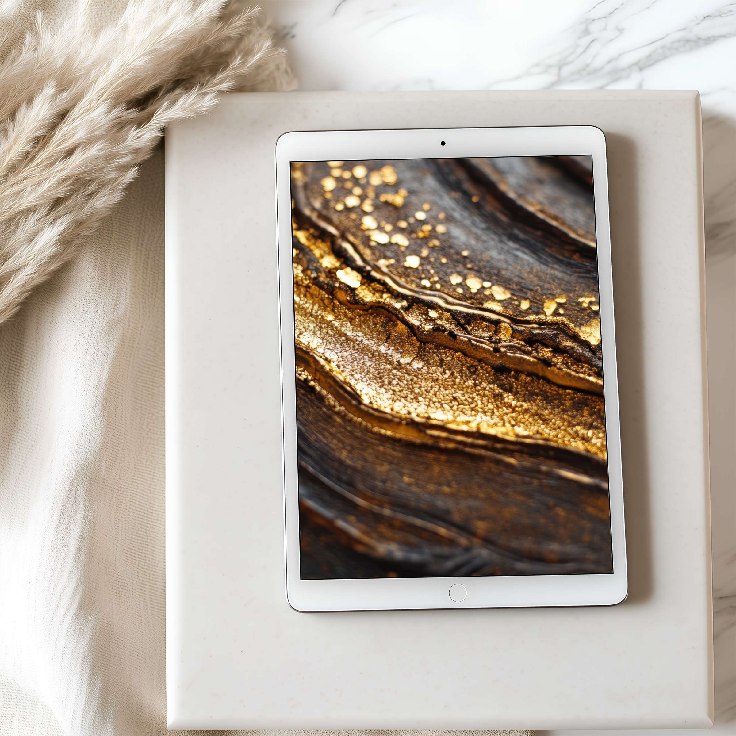 High-resolution tablet wallpaper depicting elegant gold and black abstract art enhances design-conscious interiors inspiring calm digital ambiance