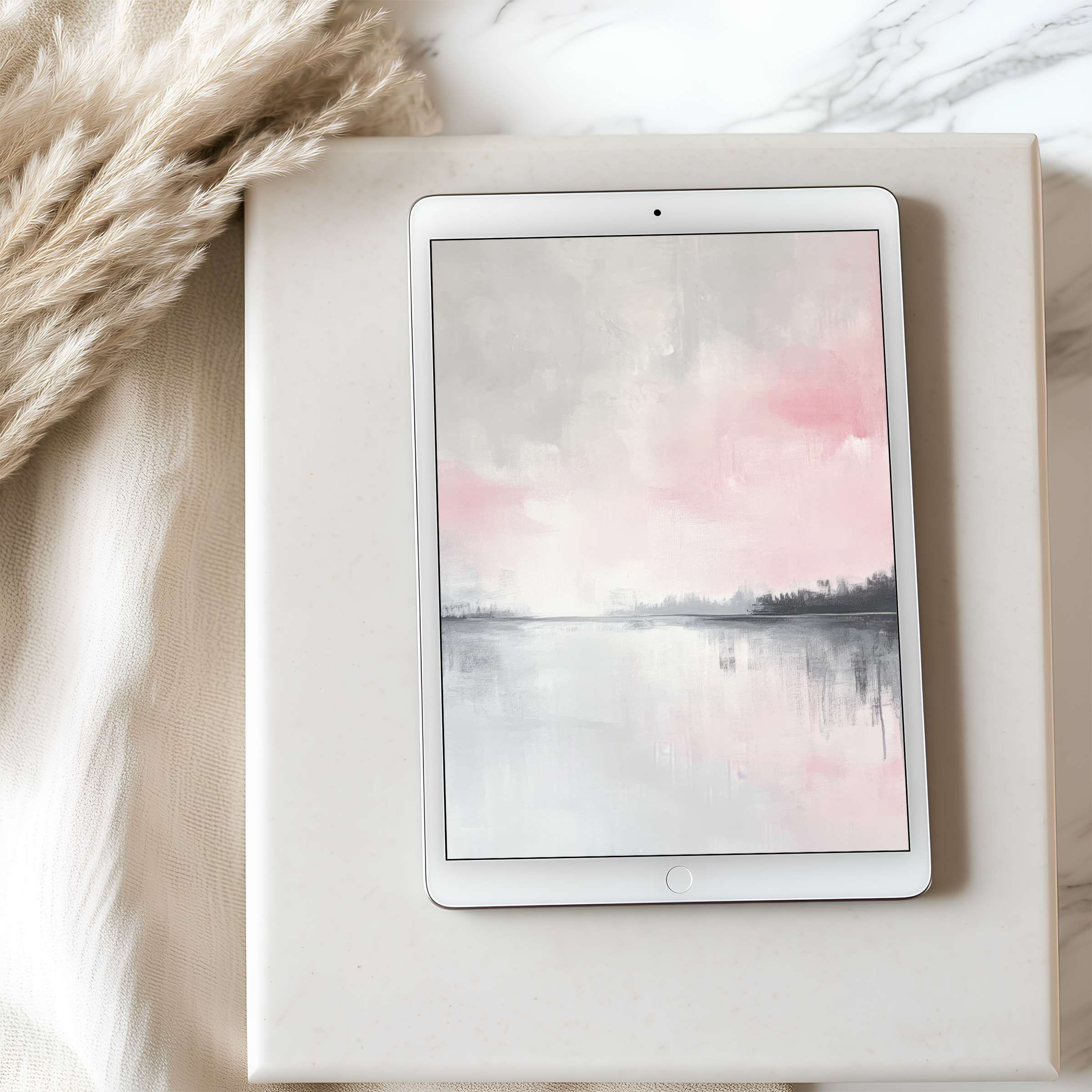 Elegant tablet wallpaper with dreamy pink and gray abstract landscape, perfect for iPad and Android tablets, high resolution download