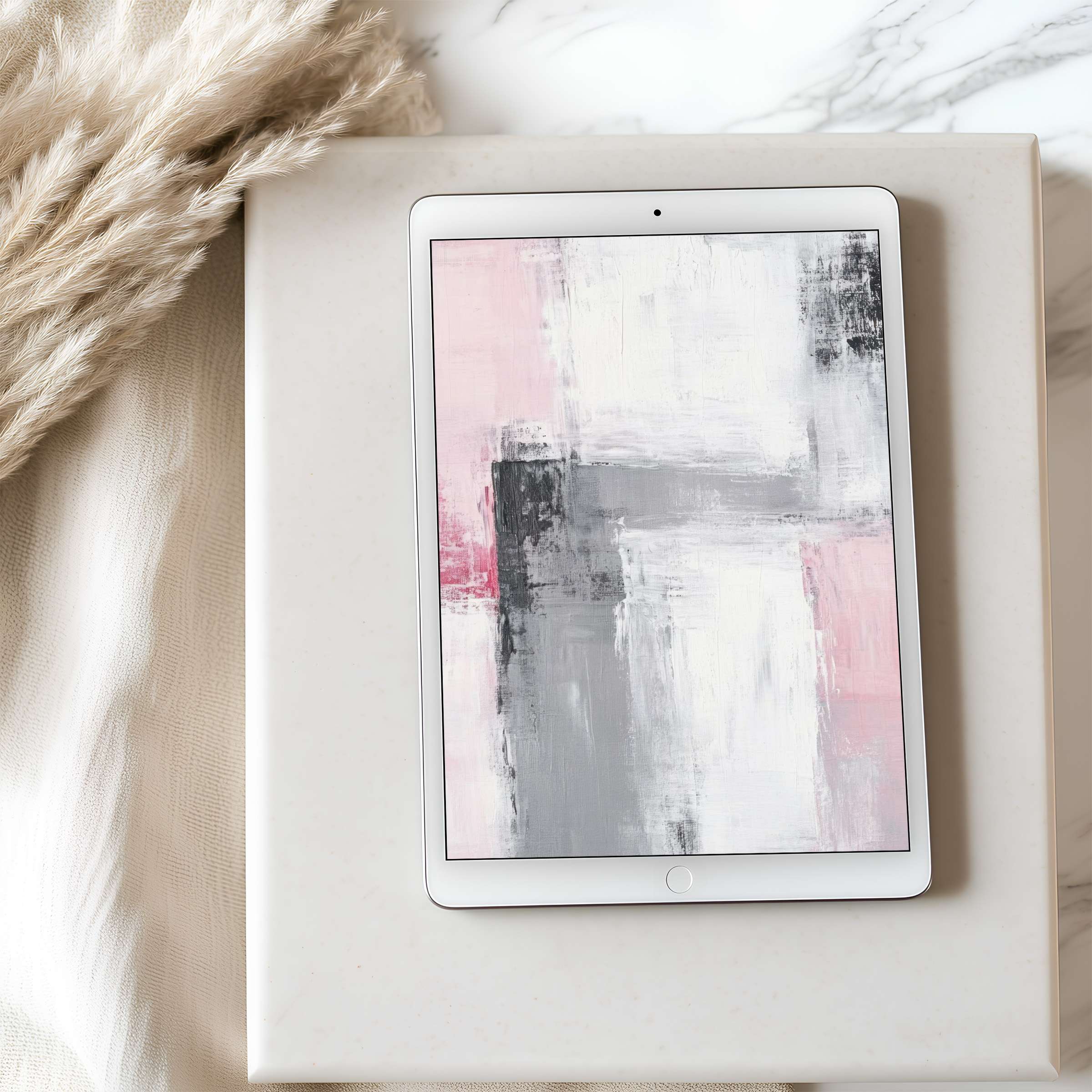 Elegant abstract art in soft pink, gray, and white tones as tablet wallpaper enhances your iPad with calming, curated design