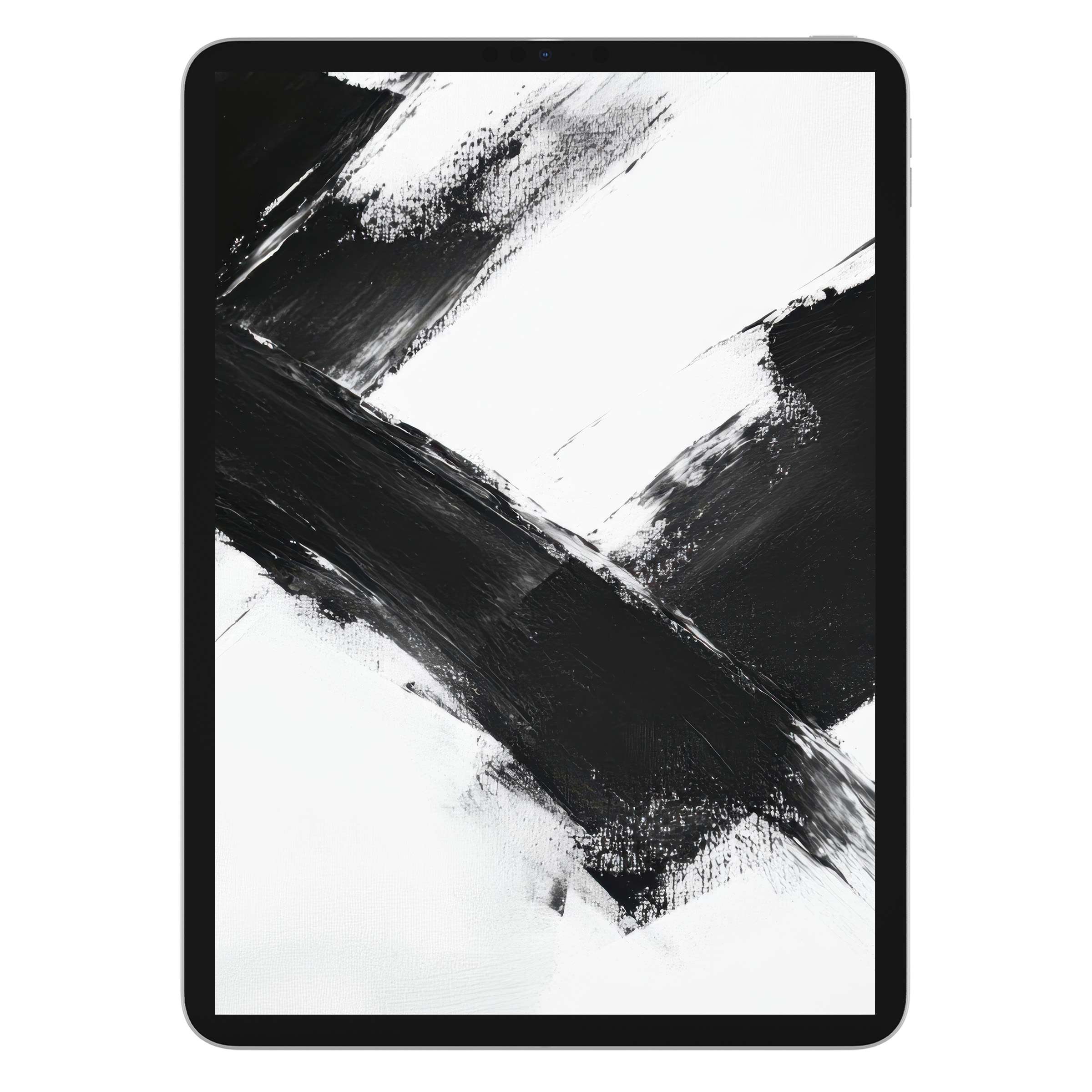 Elegant abstract iPad wallpaper with bold black brushstrokes on a white background, perfect digital download for tablet aesthetics