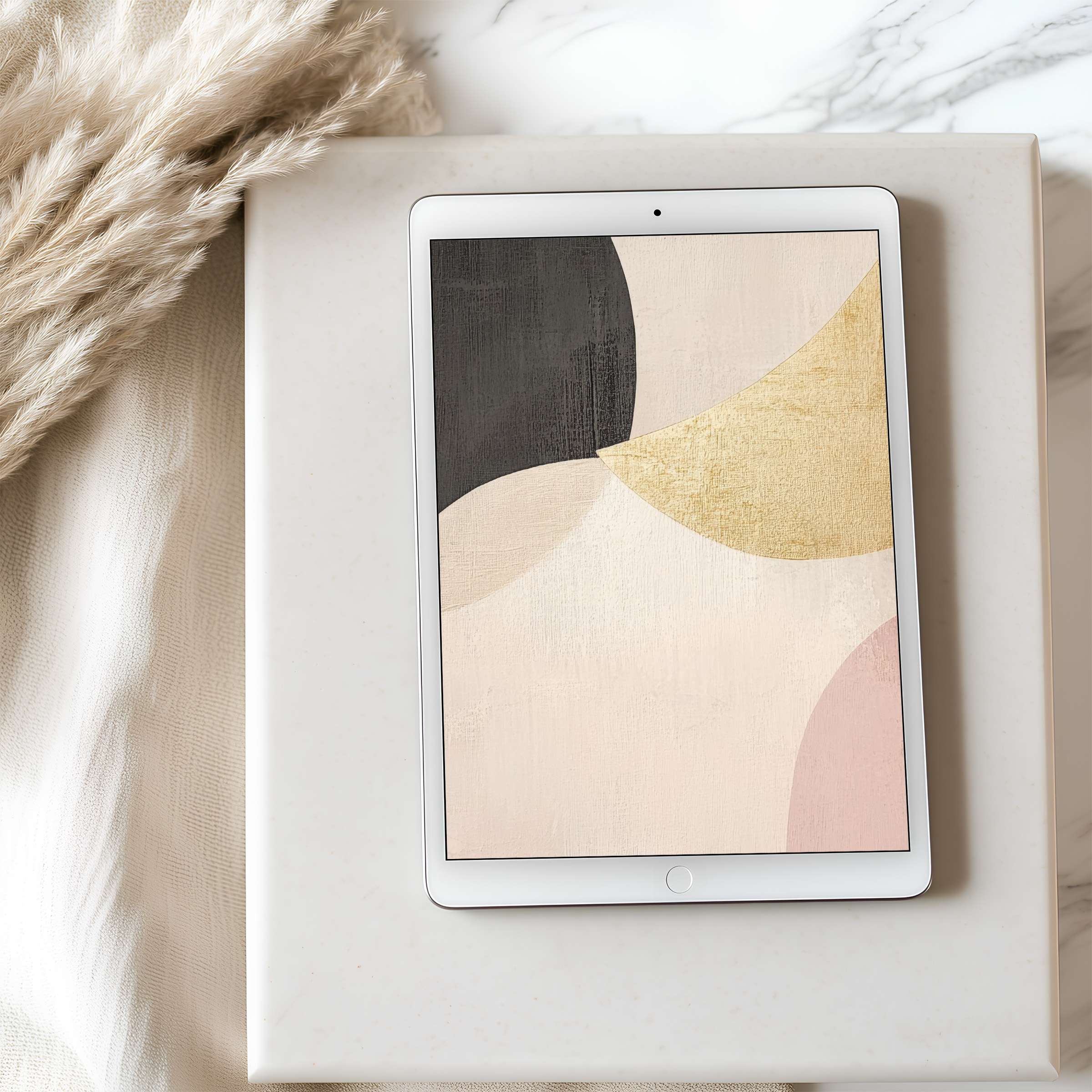 Abstract tablet wallpaper with calming beige, gold, and black curves on iPad for elegant, high-resolution digital download ambiance