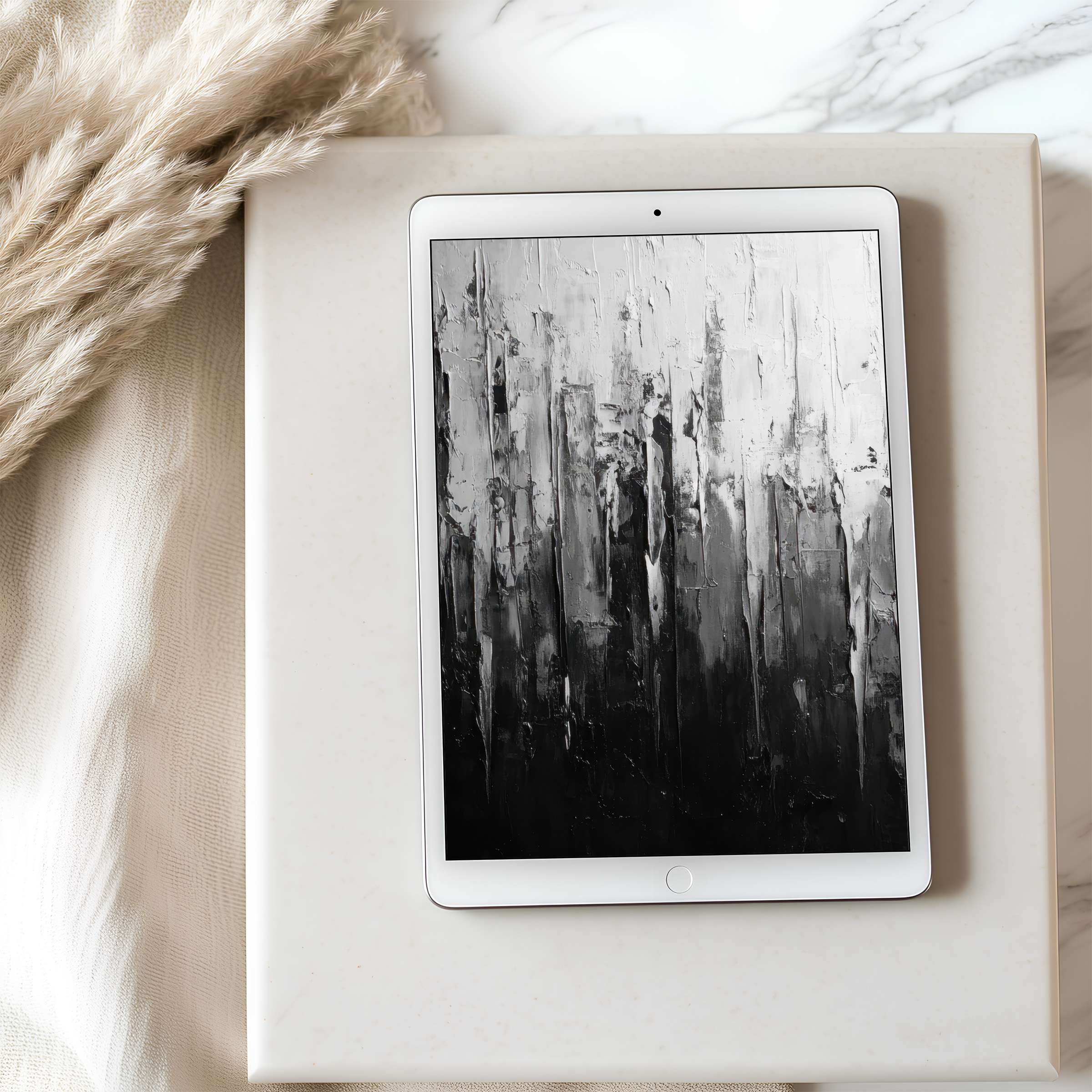 Elegant abstract grayscale tablet wallpaper, perfect for iPad or Android, enhances calm interiors with high resolution digital art download