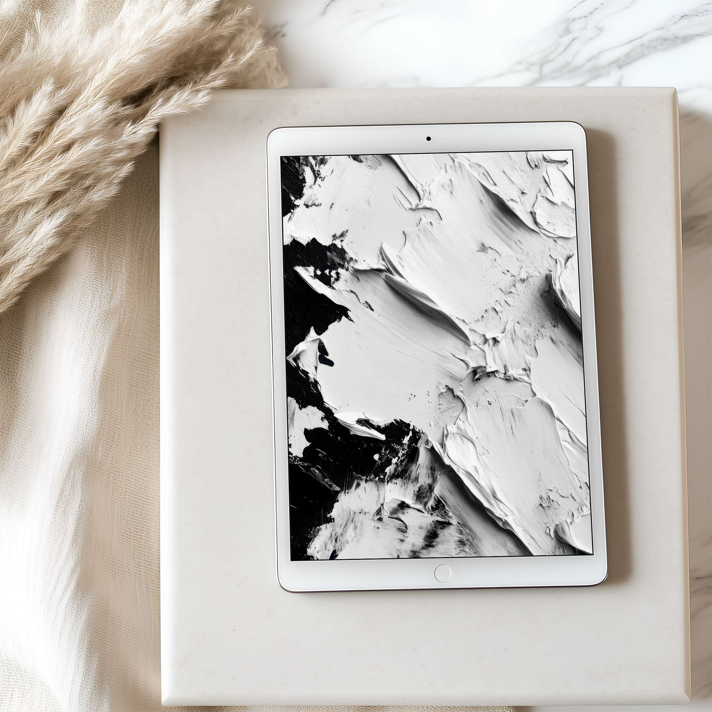 Elegant abstract black and white brushstroke motif as tablet wallpaper offers calming design for iPad and Android in high resolution download