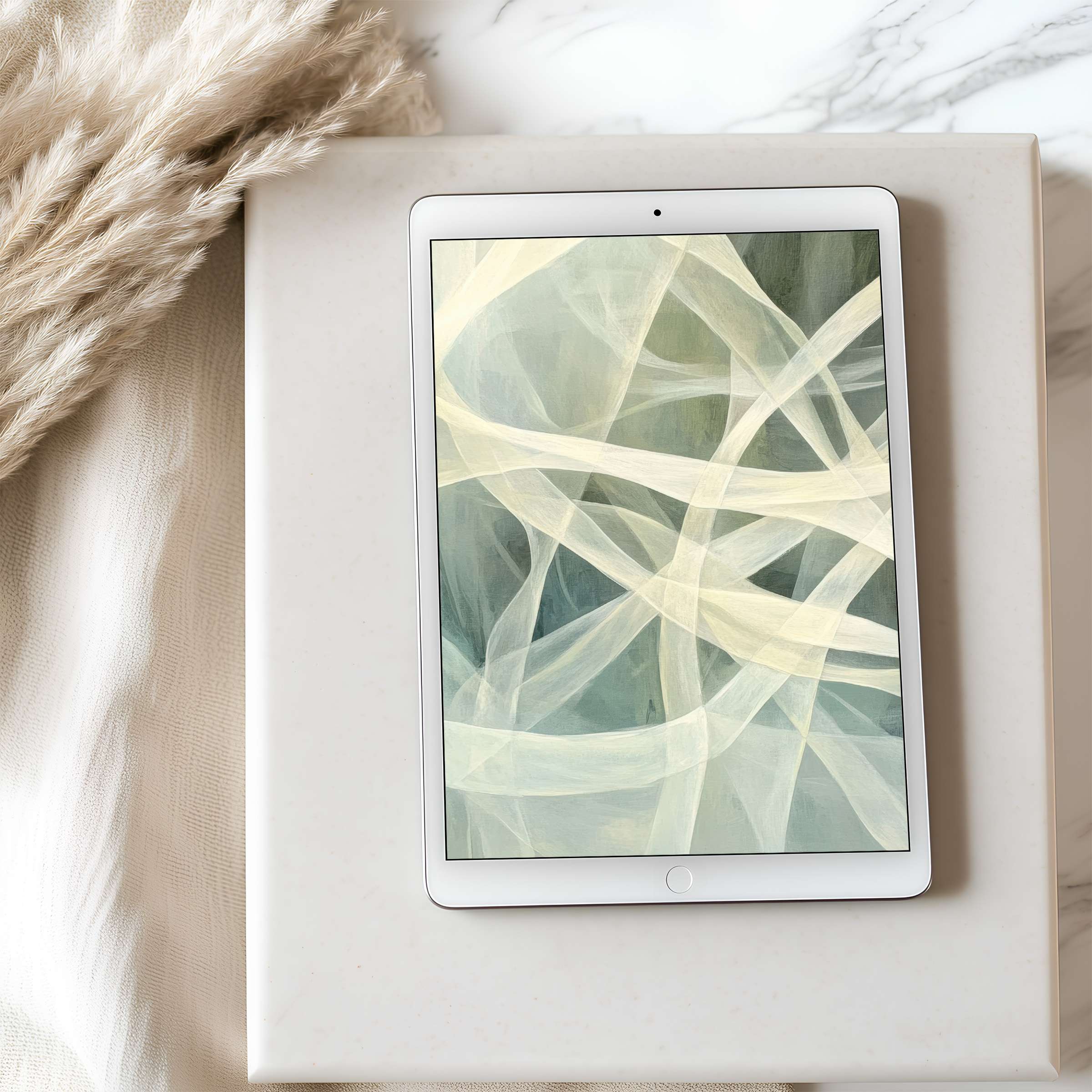 Elegant abstract tablet wallpaper with soft beige and green tones for high resolution iPad and Android tablets digital download