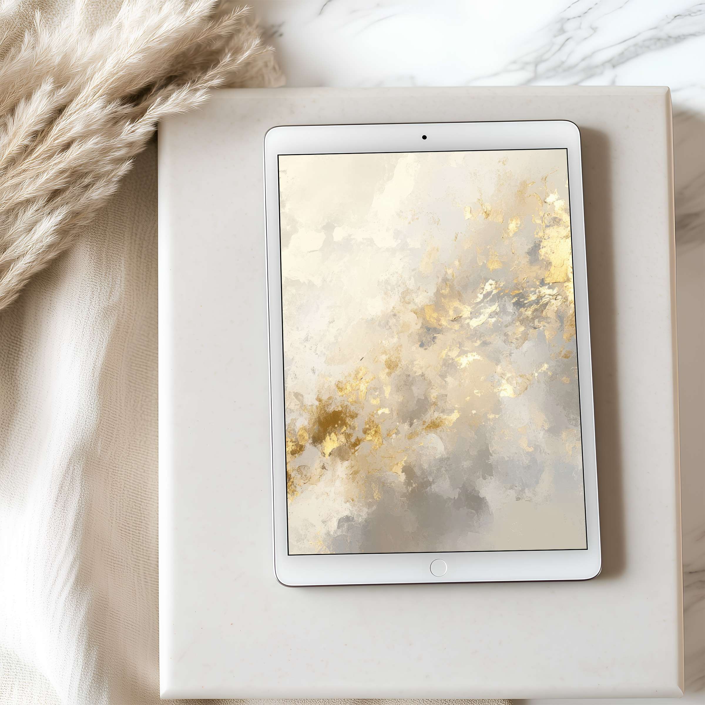 Elegant abstract gold and gray tablet wallpaper on iPad evokes tranquility and sophistication, perfect for digital download on tablets