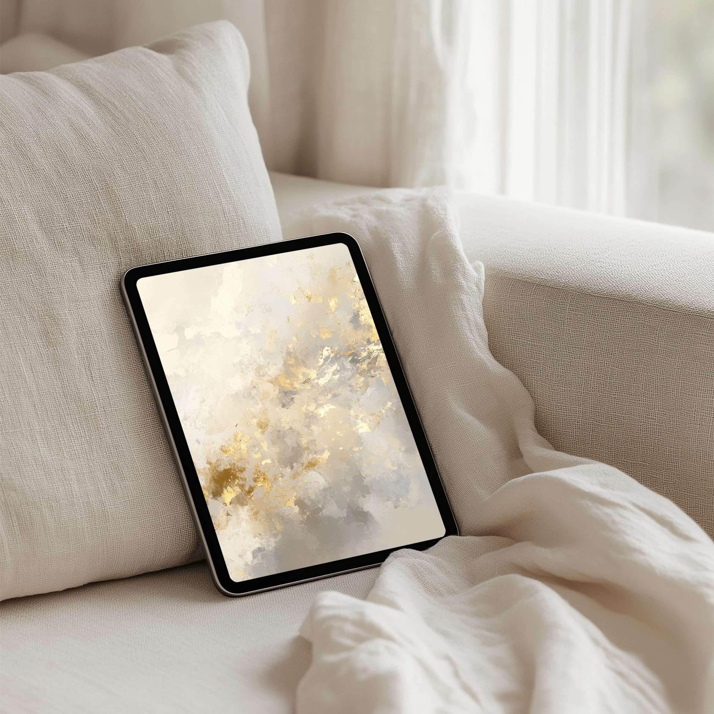 Elegant abstract iPad background in soft gold and cream tones offers instant download for tablets, inspiring calm and mindfulness