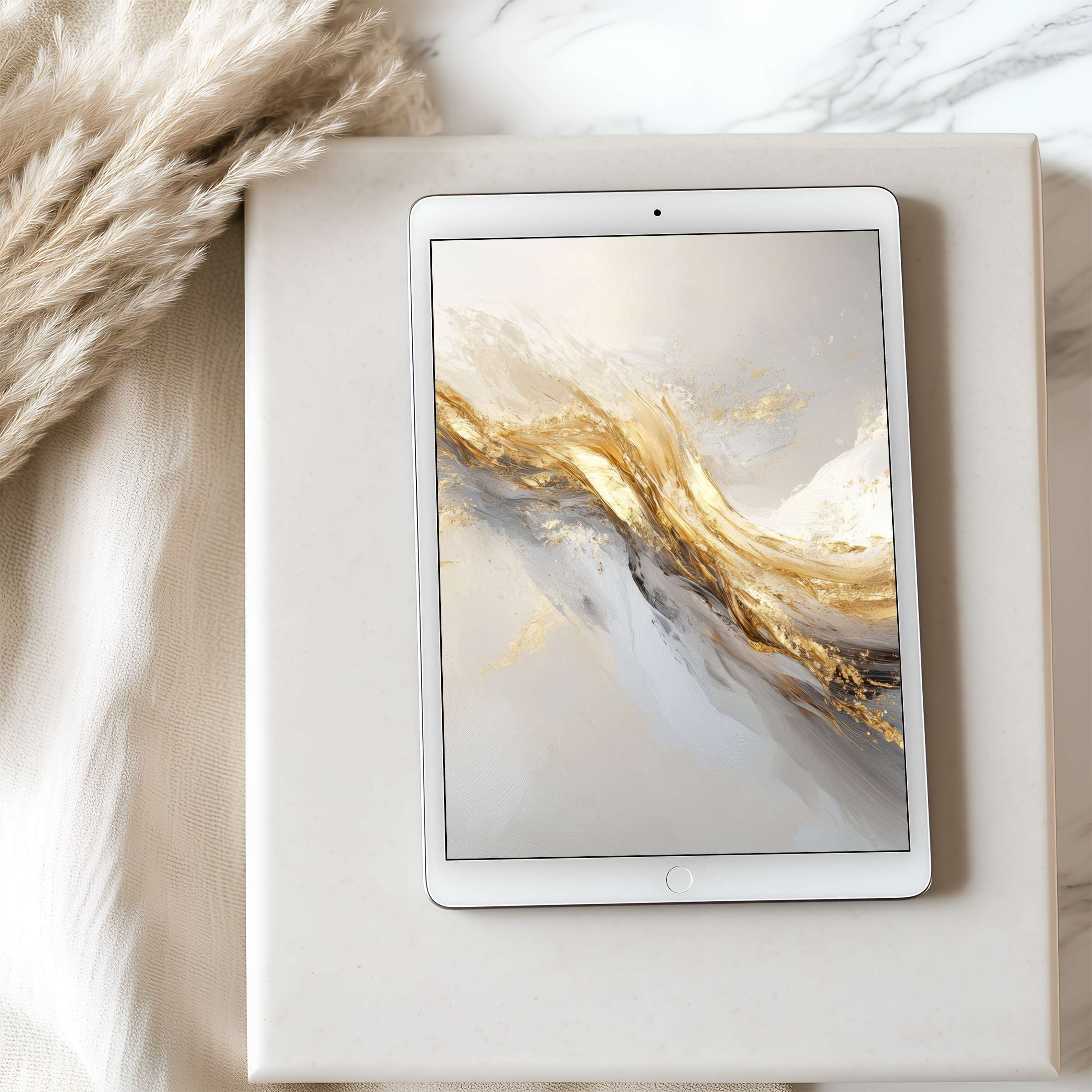 Elegant tablet wallpaper featuring gold and light gray abstract art complements serene interiors, perfect for iPad and Android tablets, digital download