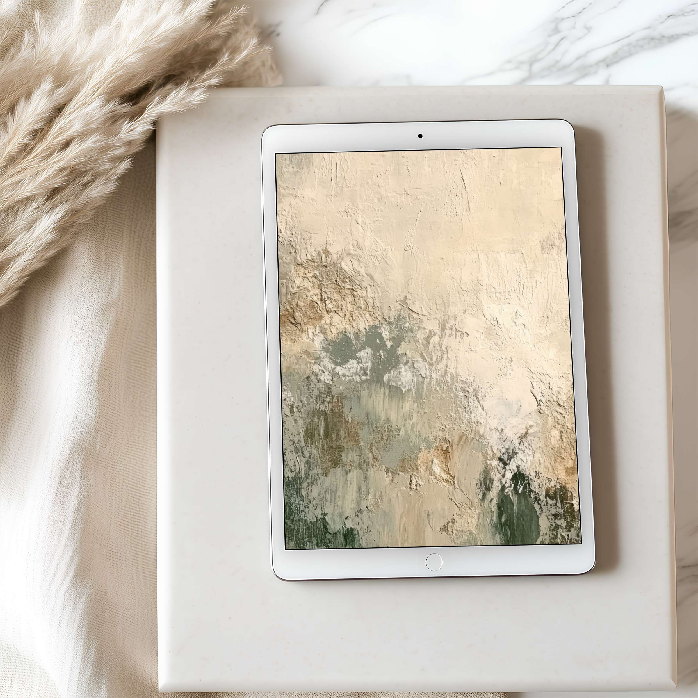 Elegant abstract beige and green tablet wallpaper for iPad and Android, ideal as a high-resolution digital download for serene spaces
