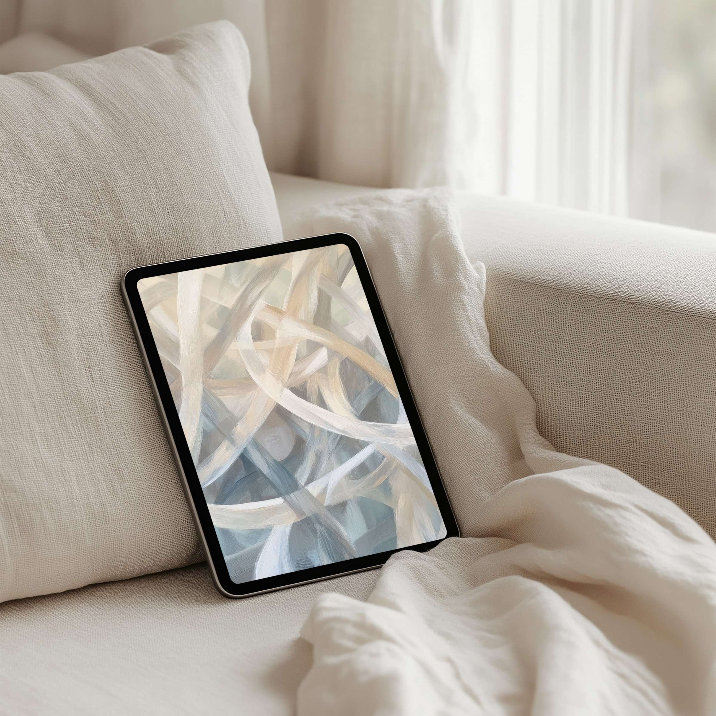 Calm iPad background in soothing neutral swirls, perfect for inspiring tablet ambiance with instant download for seamless elegance
