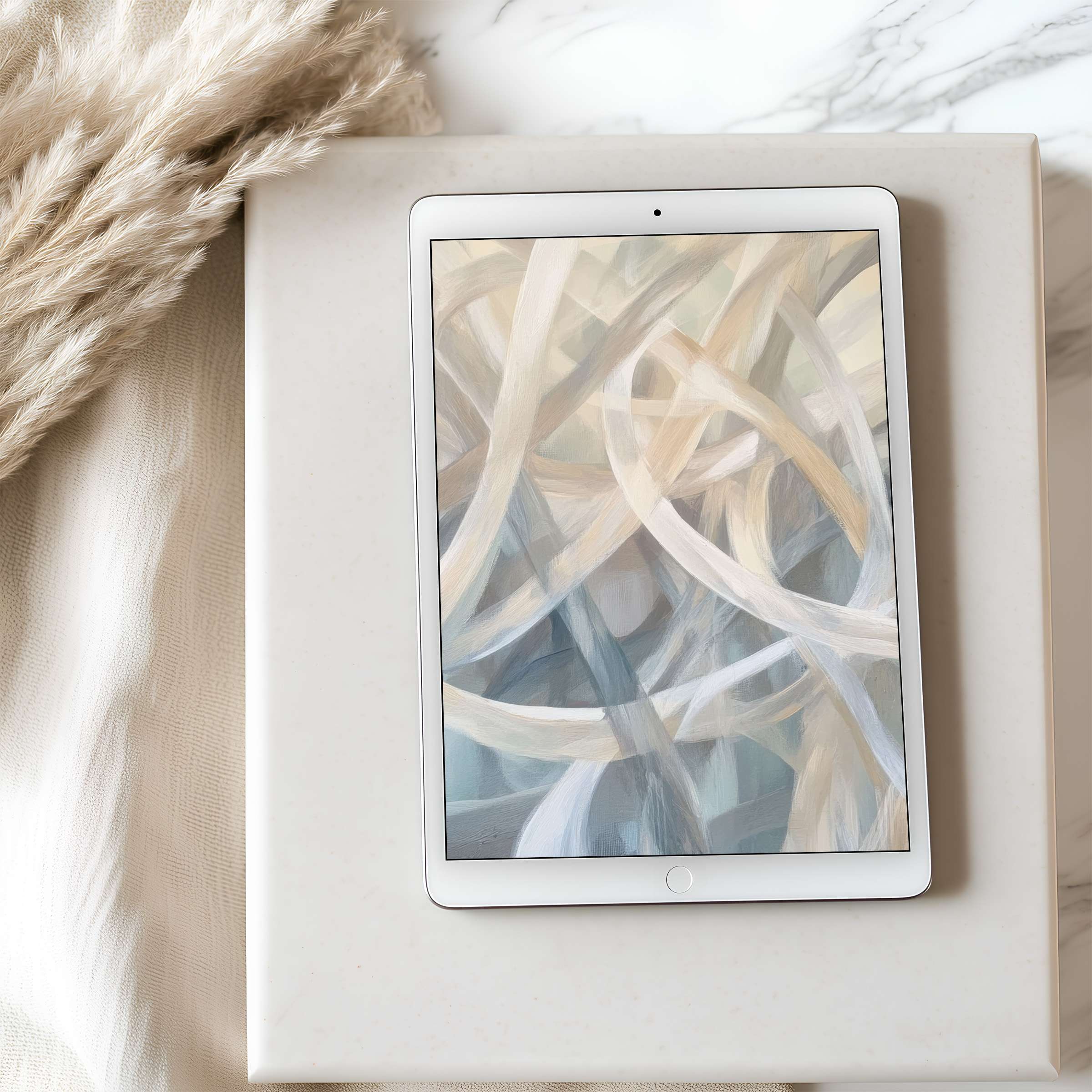 Elegant tablet wallpaper featuring soft abstract swirls in neutral tones, perfect for iPad high-resolution display and eco-friendly decor