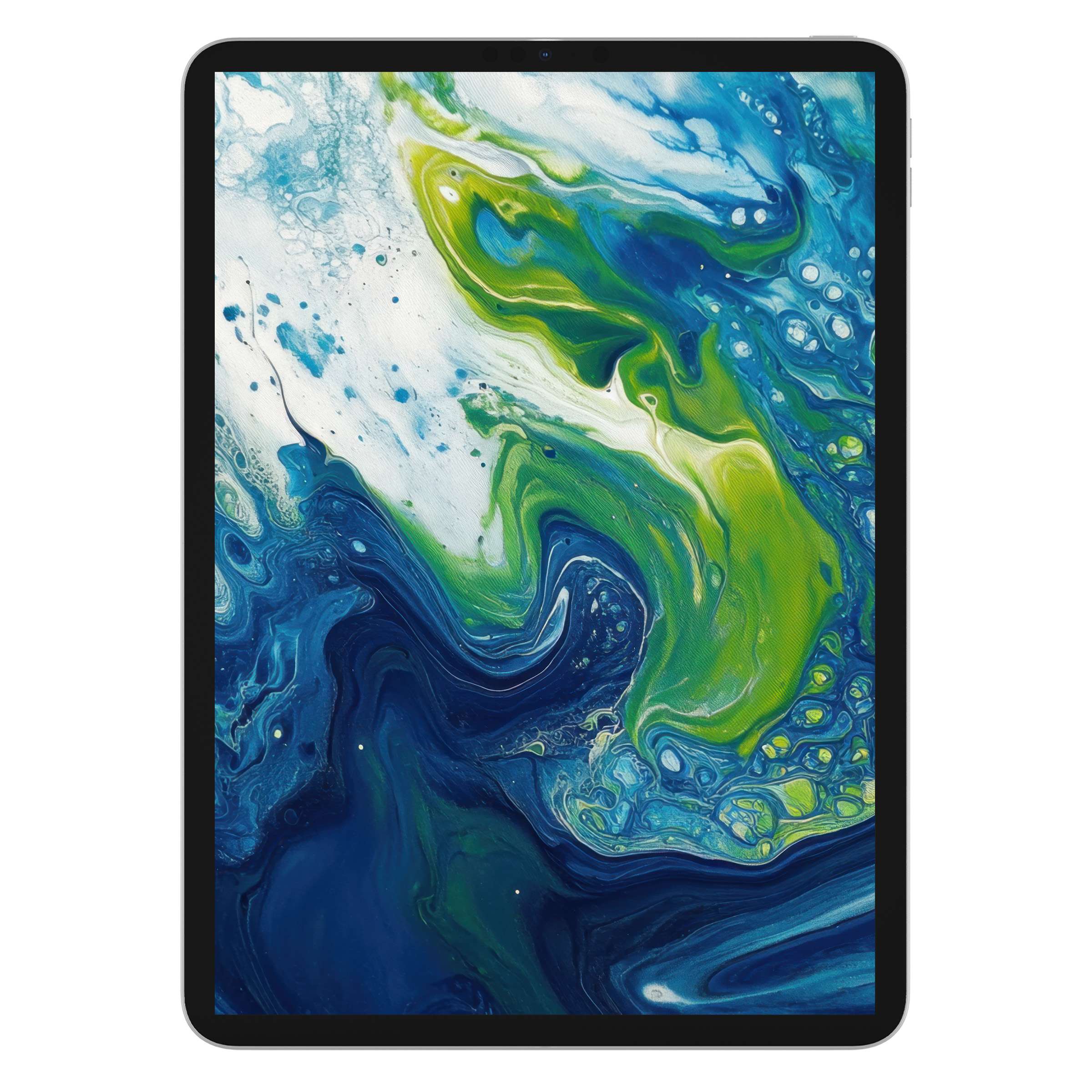 Elegant abstract iPad wallpaper in swirling greens and blues, perfect digital download for a calming tablet background experience