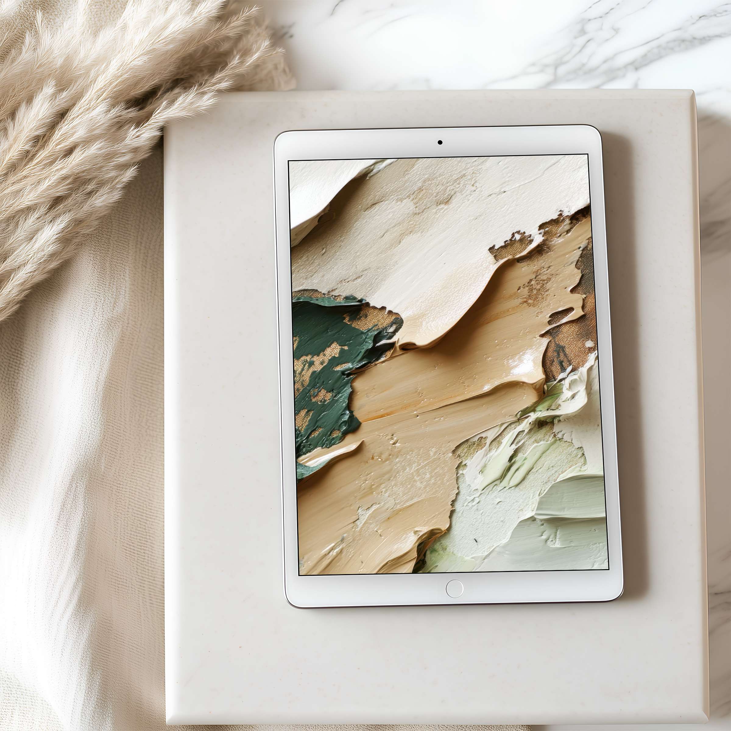 Elegant abstract tablet wallpaper in calming earth tones, perfect for iPad or Android tablet, offering high resolution digital download