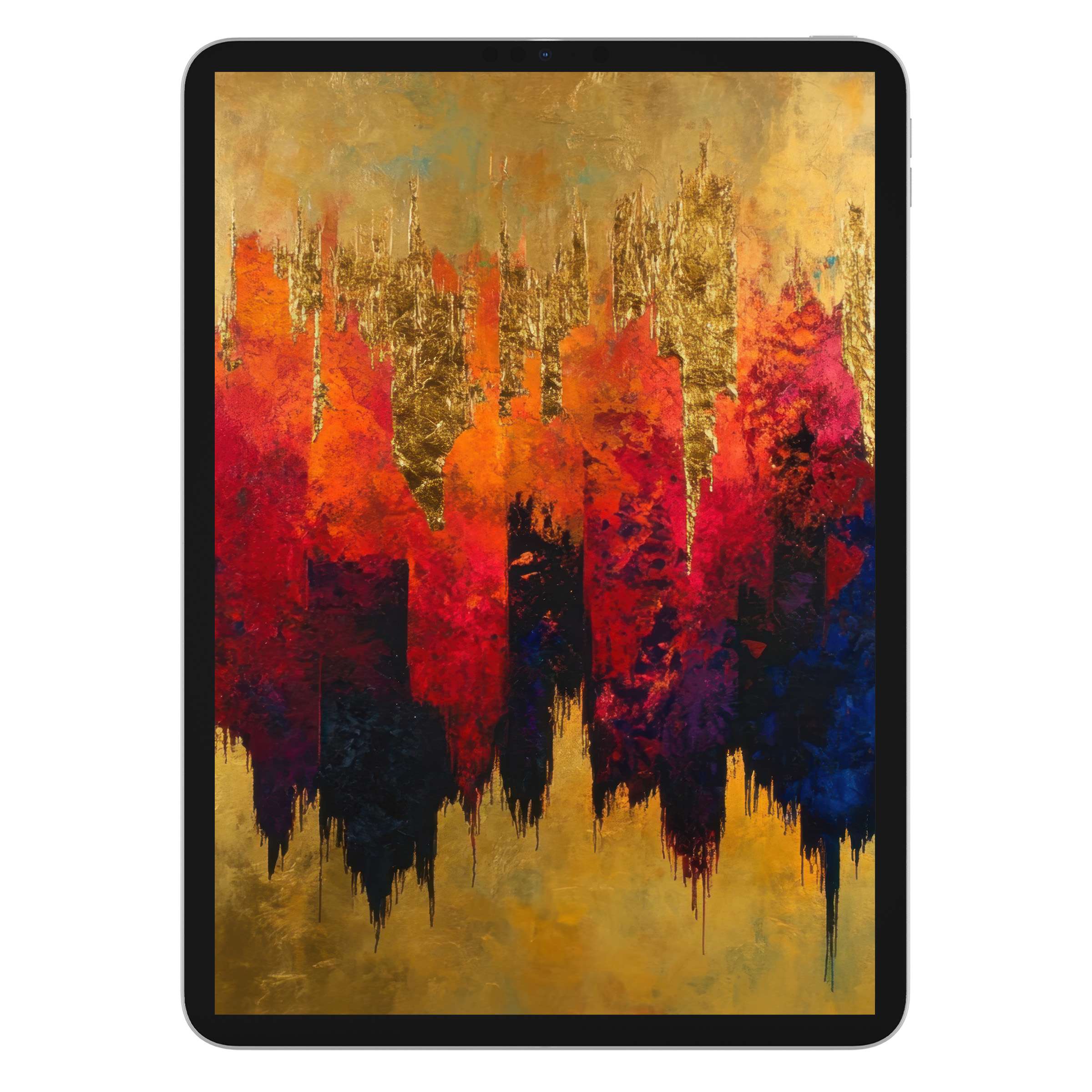 Vibrant abstract iPad wallpaper with gold, red, and blue textures for a calming tablet background digital download