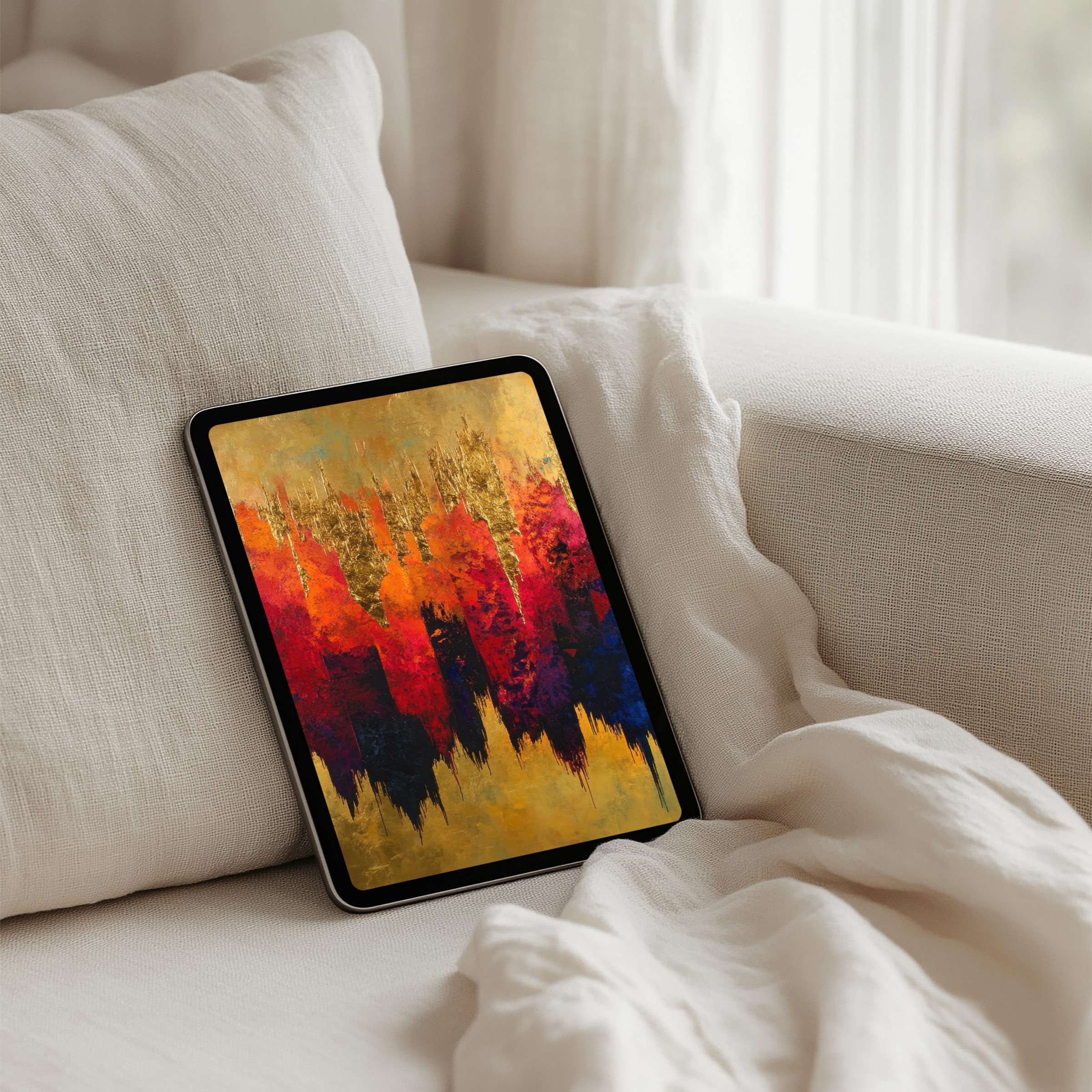 Vibrant abstract art on an iPad background offers instant download for tablets, inspiring calm and elegance in any space