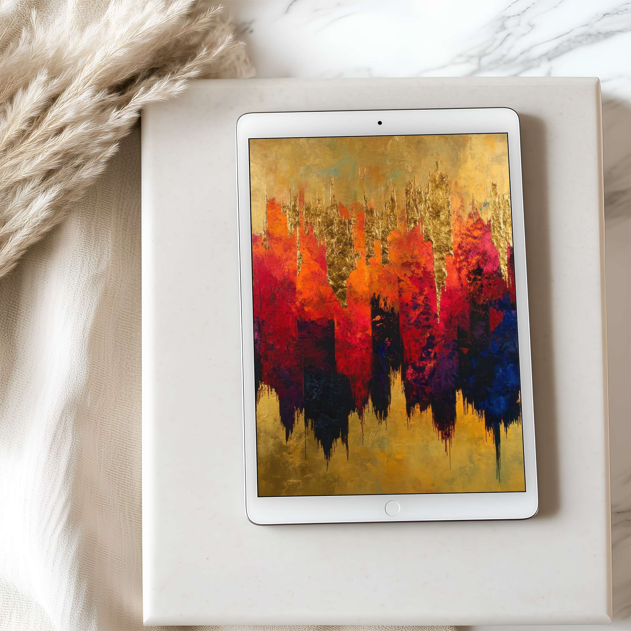 Elegant tablet wallpaper featuring vibrant abstract art in gold, red, and blue tones, perfect for iPad or Android download, enhancing spaces