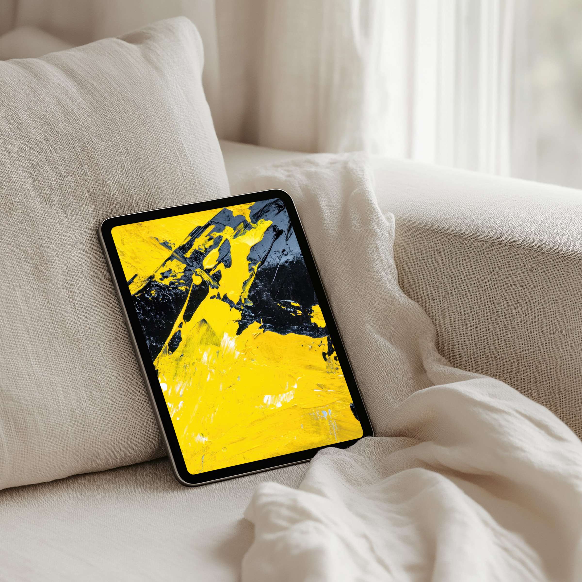 Elegant abstract yellow and black strokes create a chic iPad background for instant download on any tablet enhancing calm inspiration
