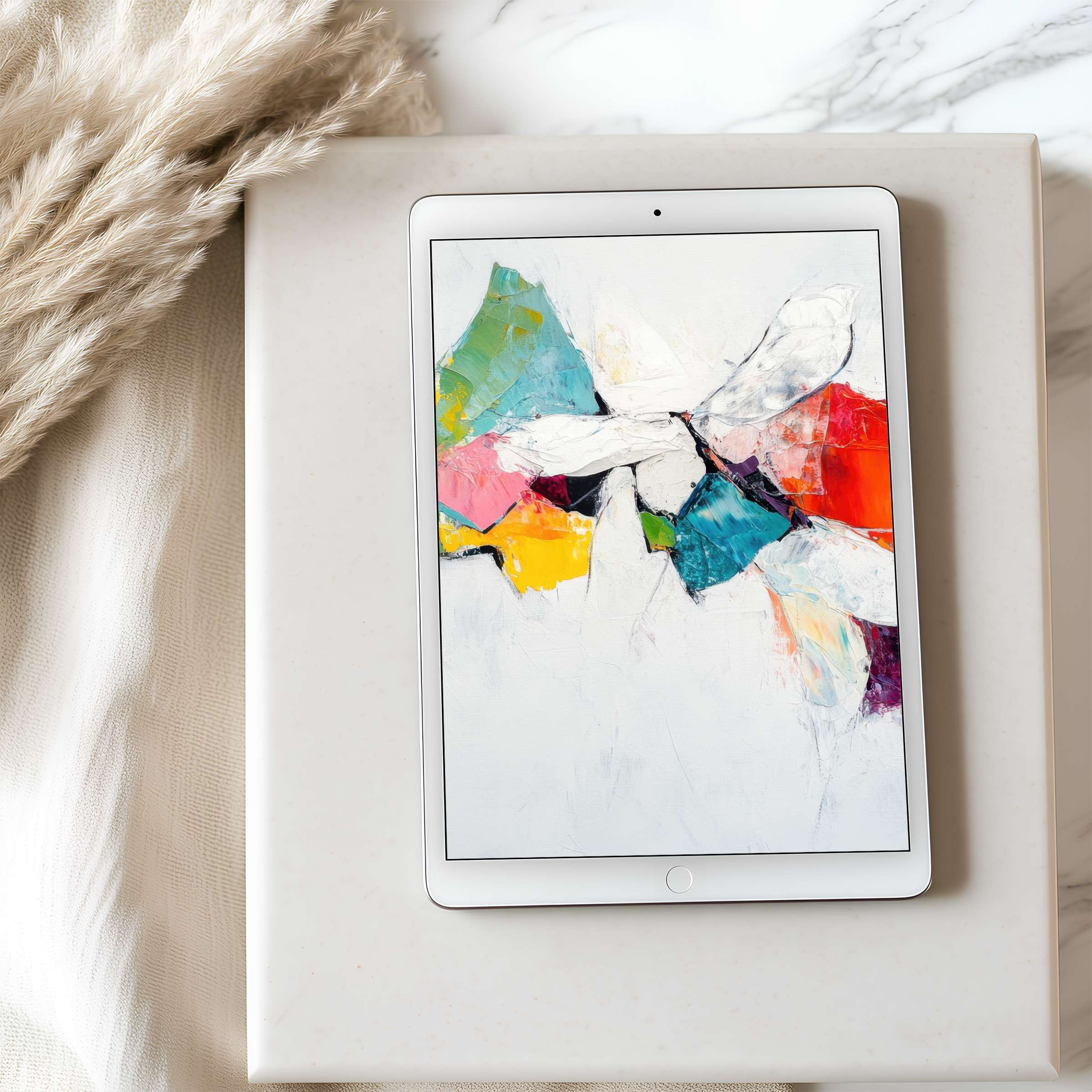 Vibrant abstract art on tablet wallpaper enhances any iPad with high resolution, offering a serene digital download for modern interiors