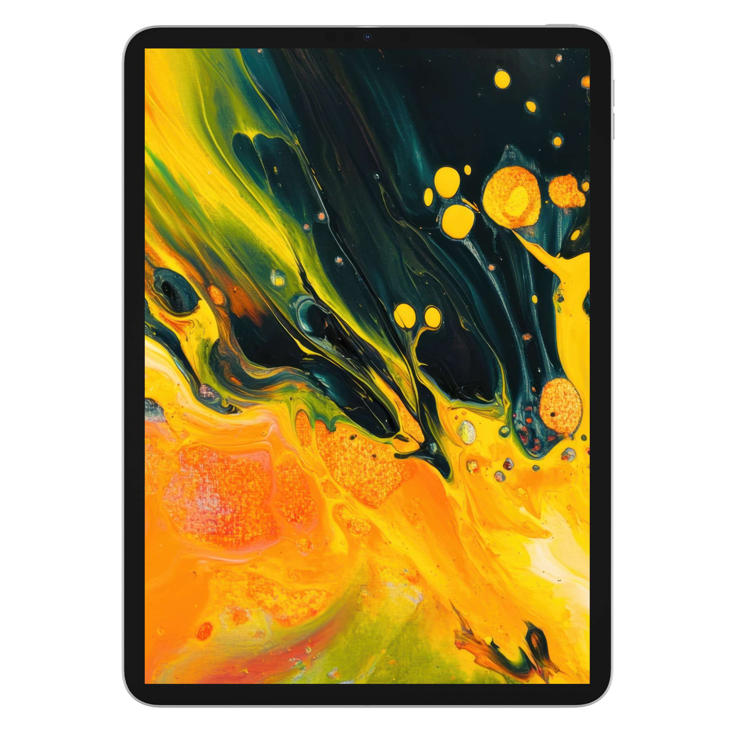 Vibrant abstract iPad wallpaper with swirling yellow and green, ideal digital download for tablet background and serenity