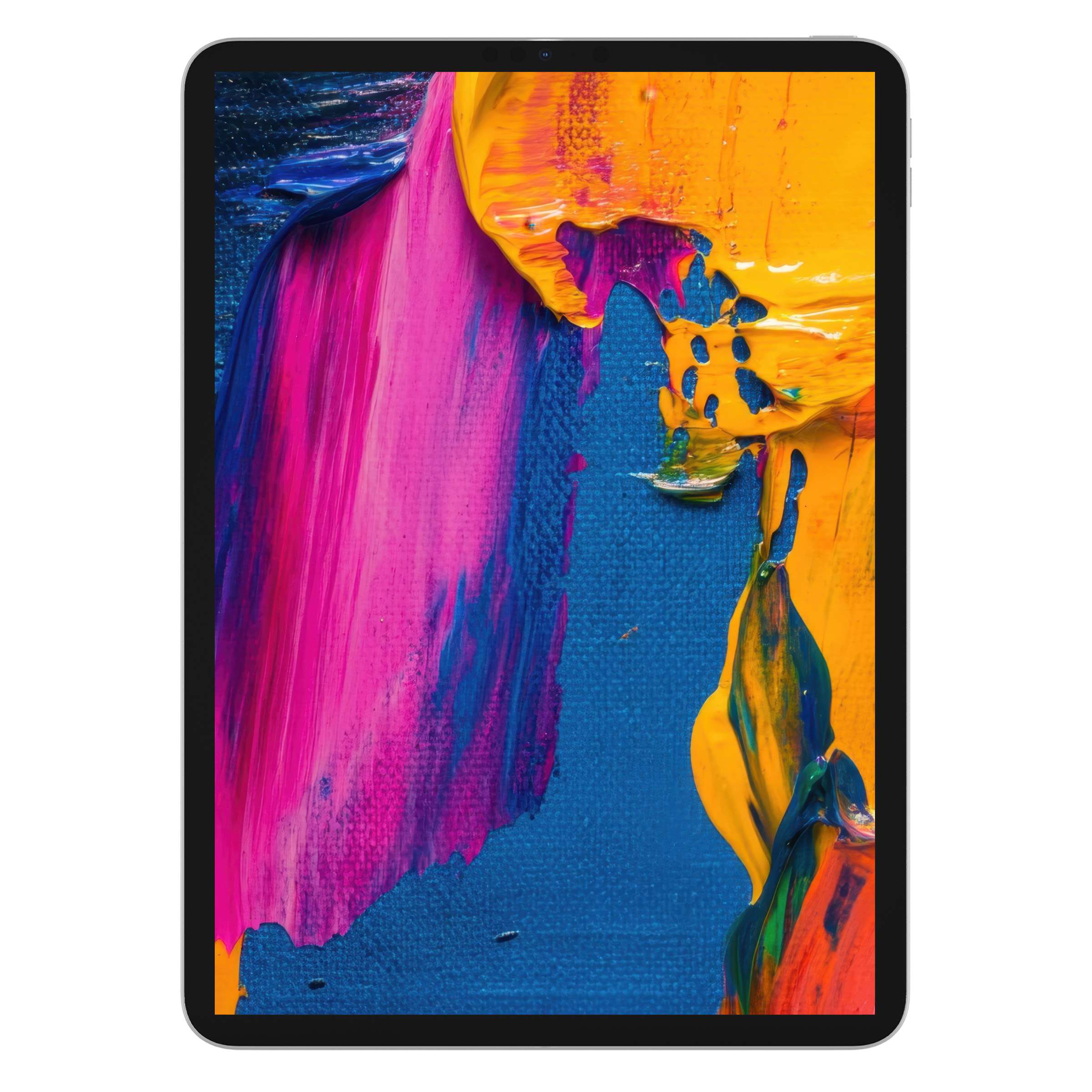 Abstract iPad wallpaper featuring vibrant pink, blue, and yellow brushstrokes for tablet background digital download, perfect for serenity