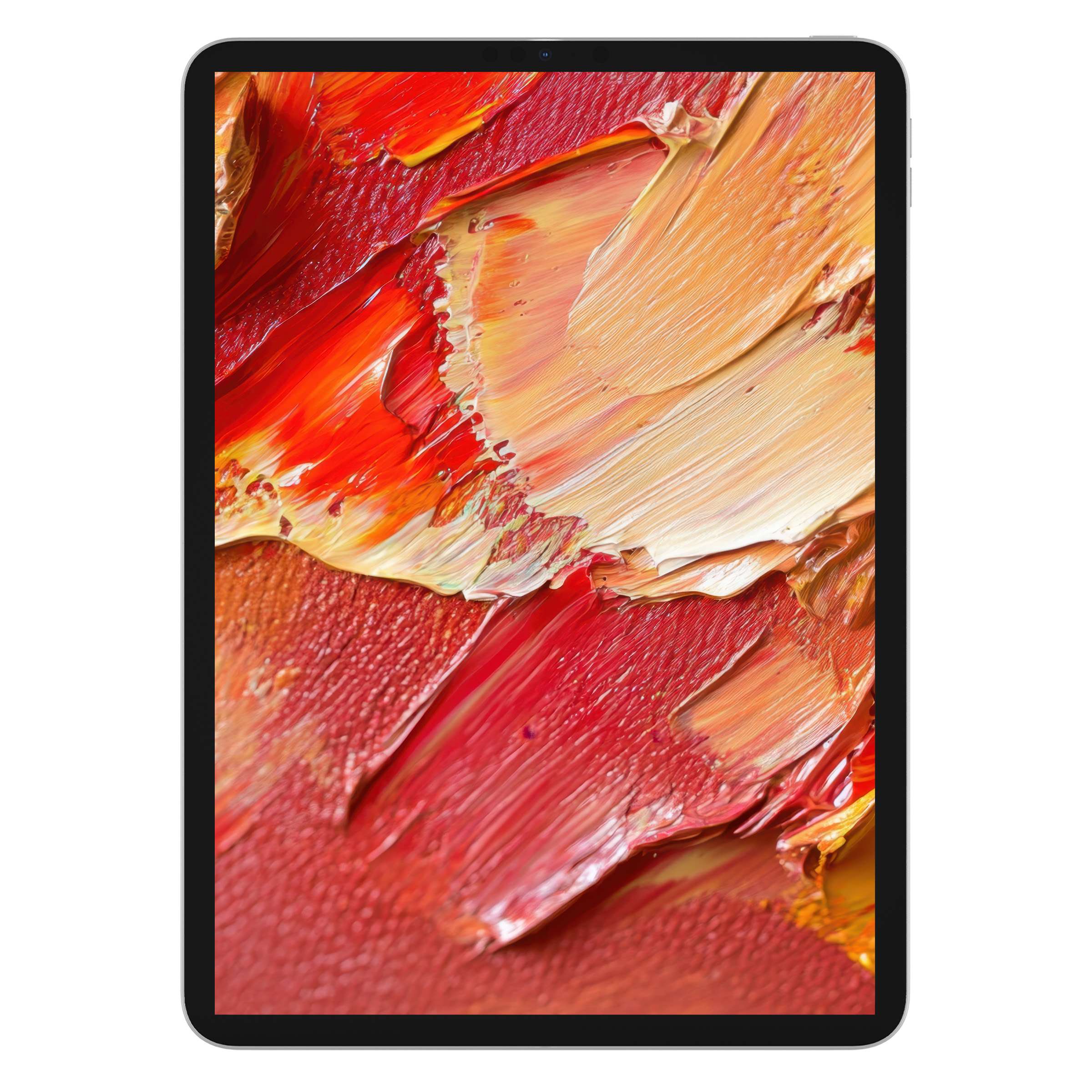 Vibrant abstract iPad wallpaper with bold red and orange brushstrokes creates an inspiring tablet background for digital download users
