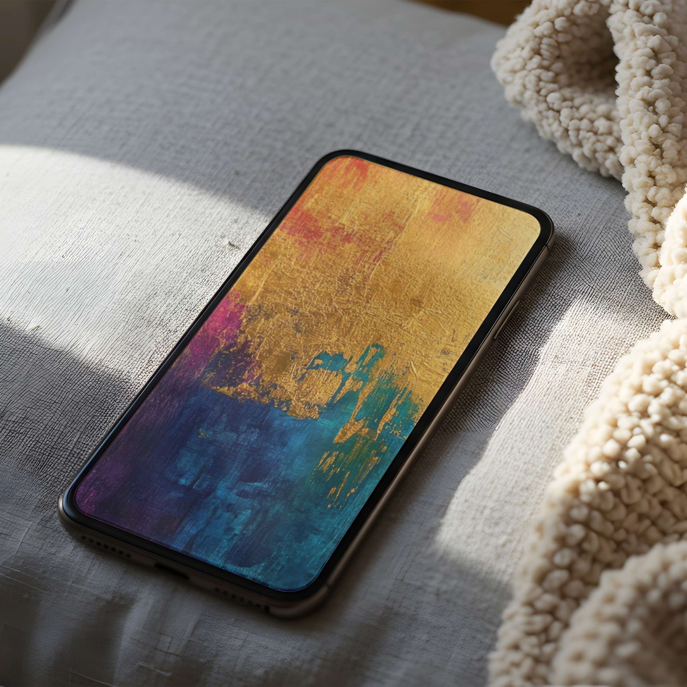 Elegant abstract phone wallpaper featuring soft golden and blue tones, perfect for high-resolution digital download on any device